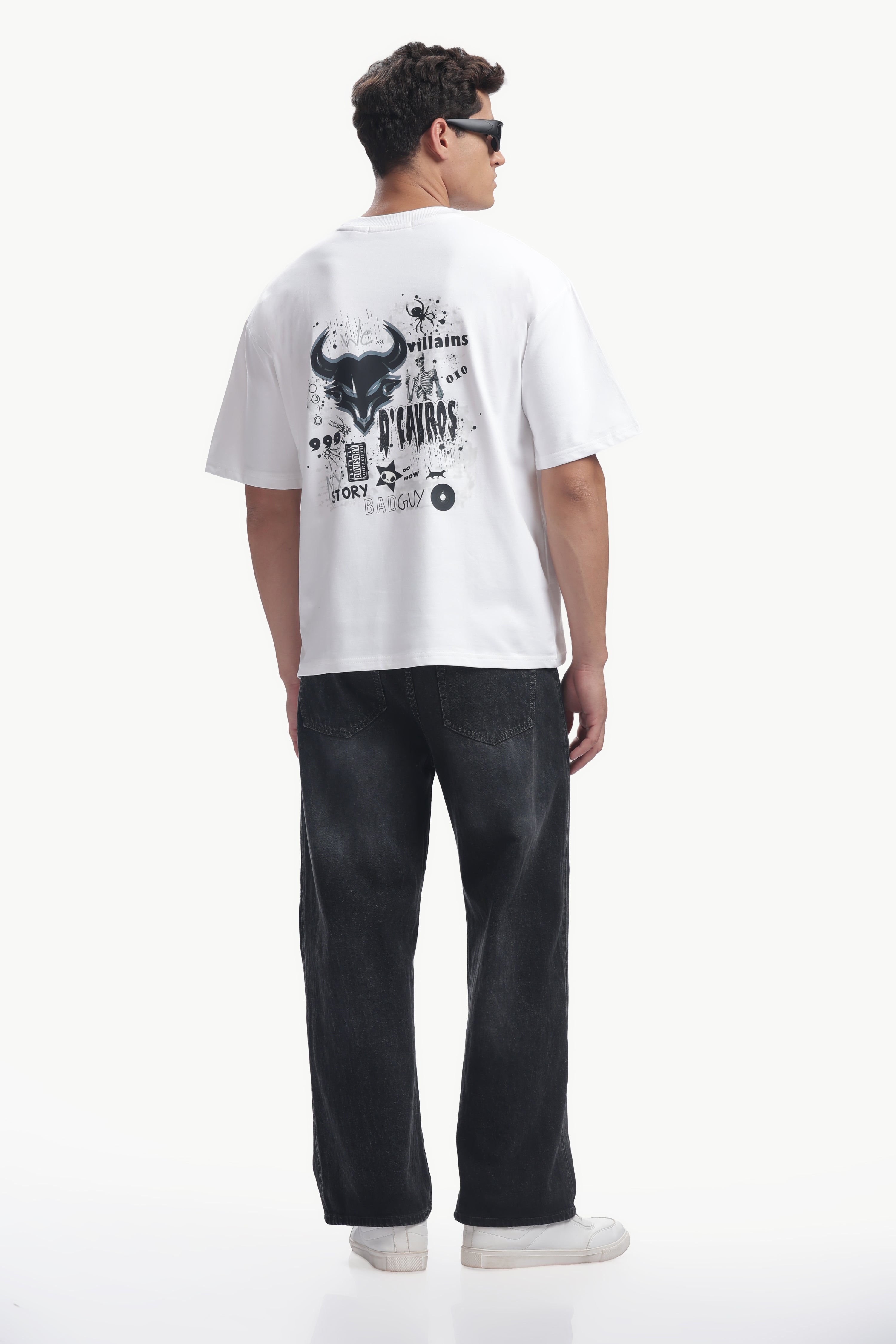 Bad Guy Graphics Printed T-Shirt worn by a model, showcasing bold rebel artwork and relaxed fit, perfect for everyday wear.