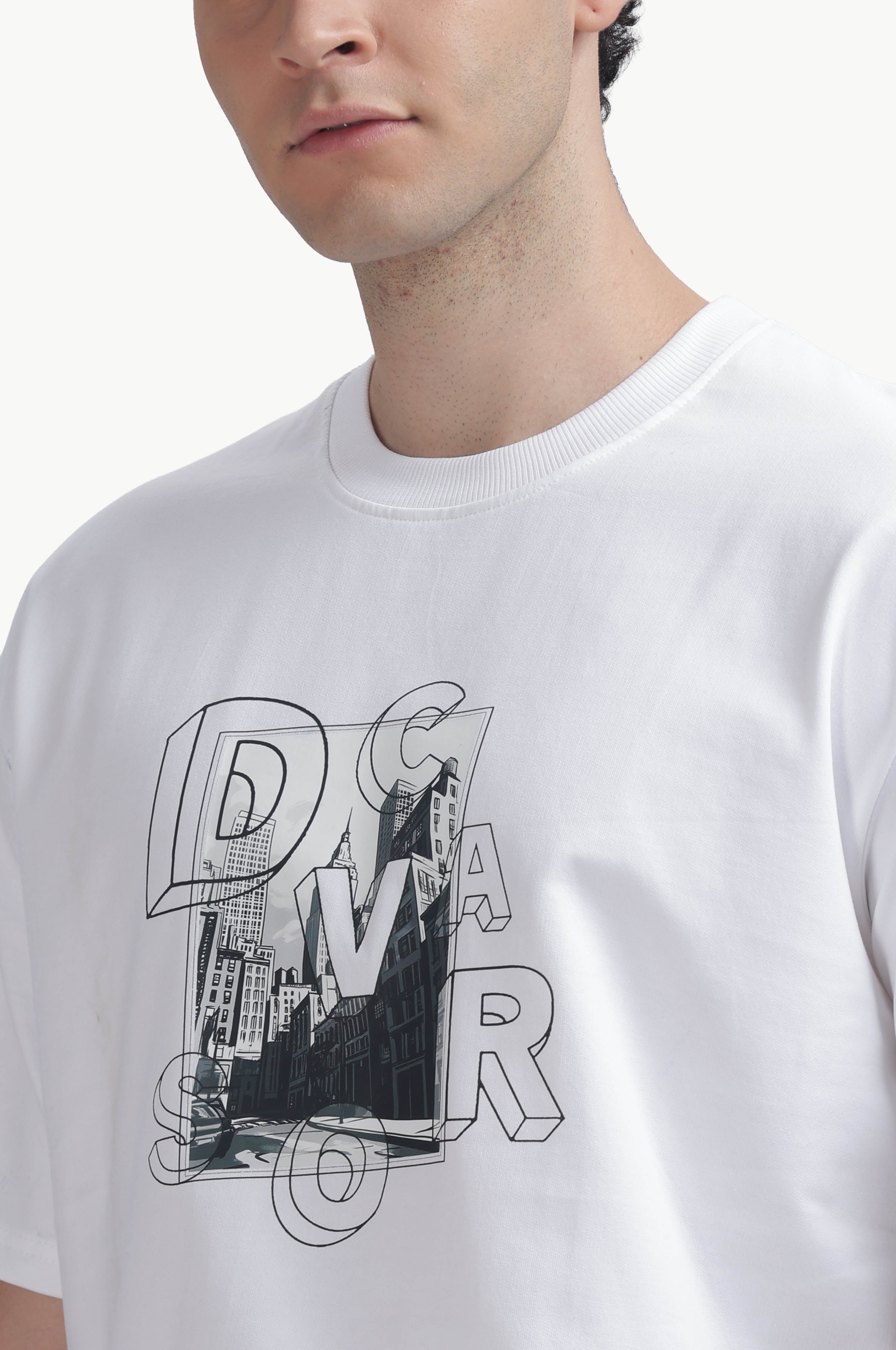 Loose Fit Graphics Printed T-Shirt featuring bold DCAVROS city artwork in a relaxed fit.