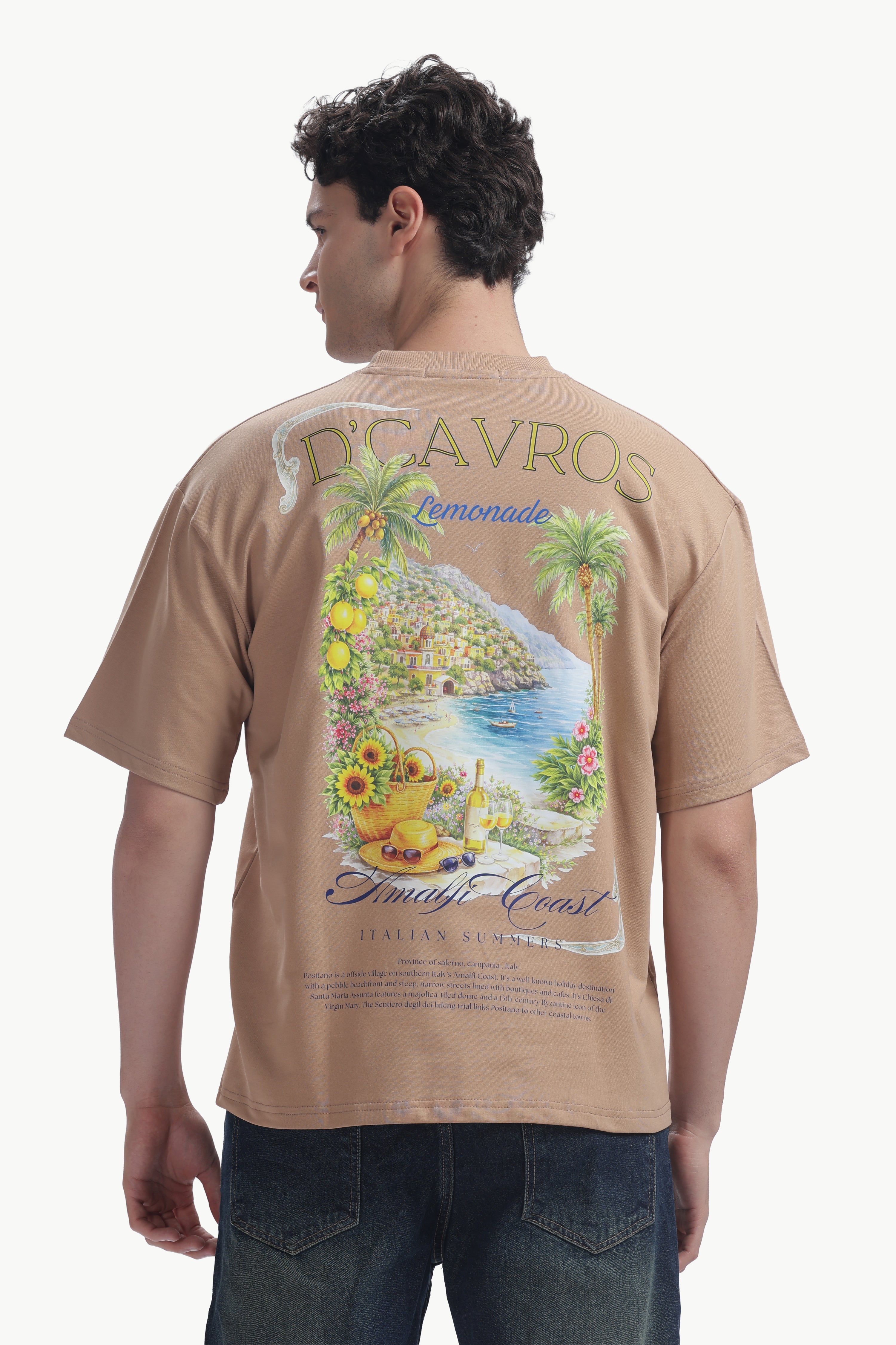 Amalfi coast Oversized Fit T-Shirt featuring vibrant coastal back print and relaxed fit, perfect for summer vibes.
