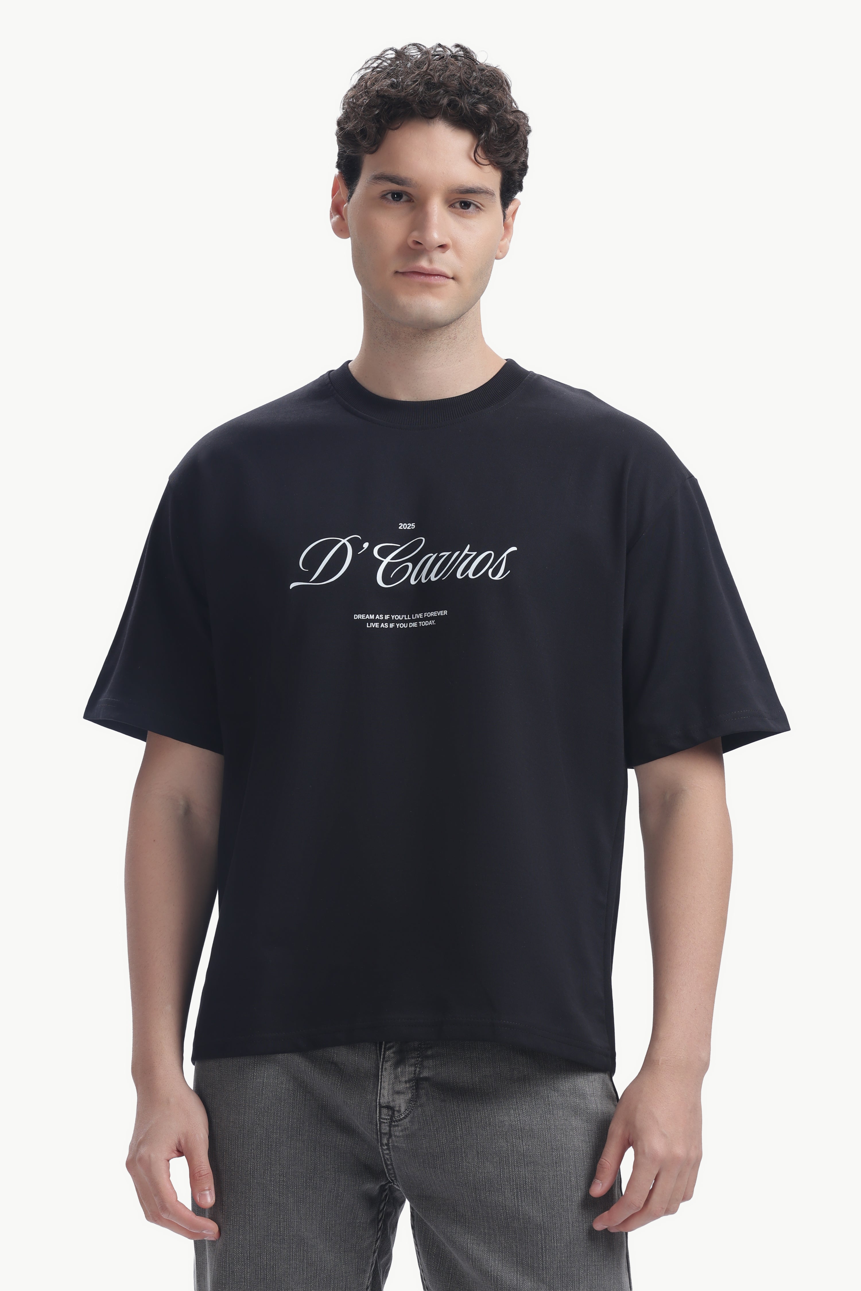Classic Loose Fit Typography T-Shirt displayed on a model with D'Cavros script style design.