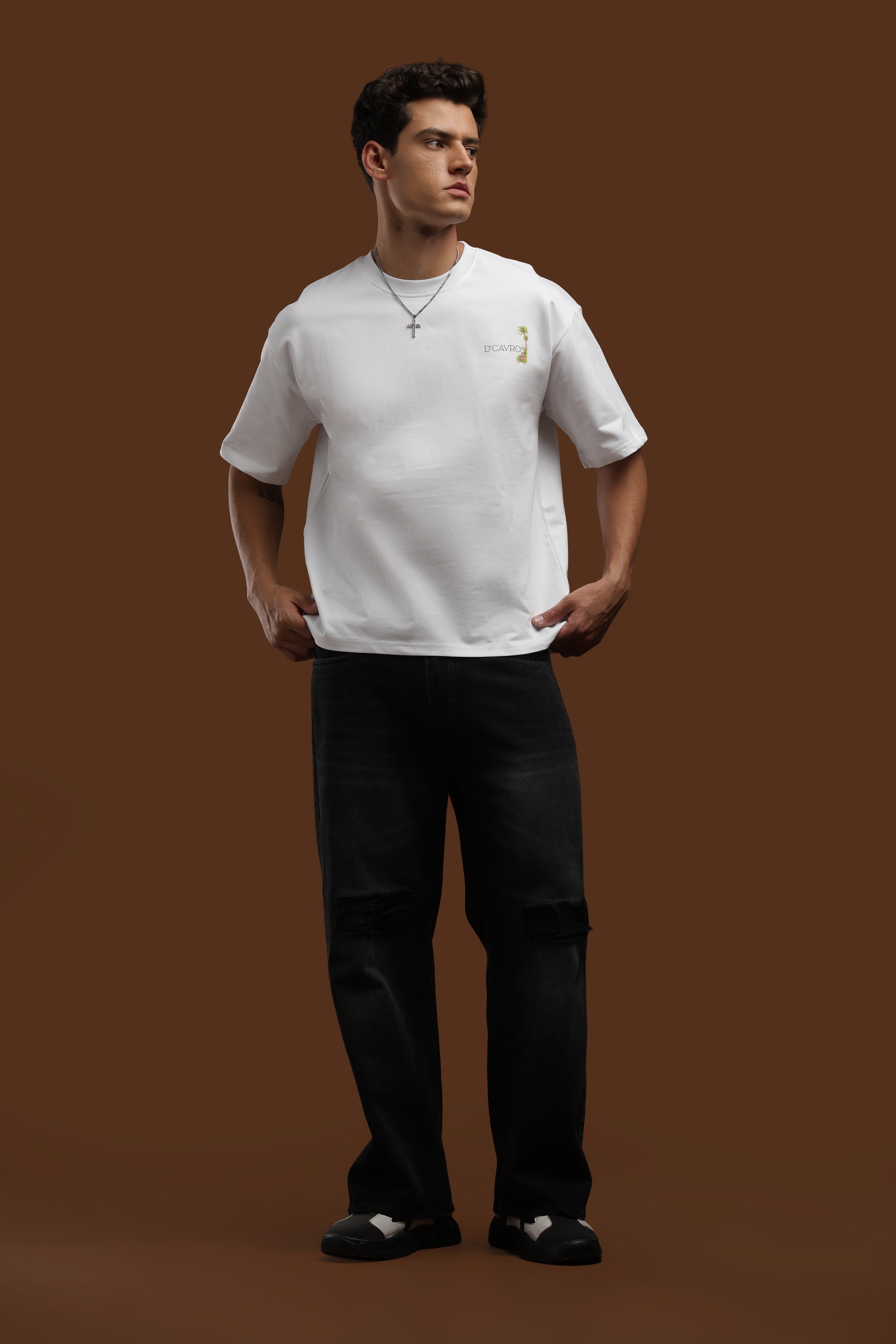 Amalfi coast Oversized Fit T-Shirt worn by a model, showcasing its relaxed fit and coastal design.