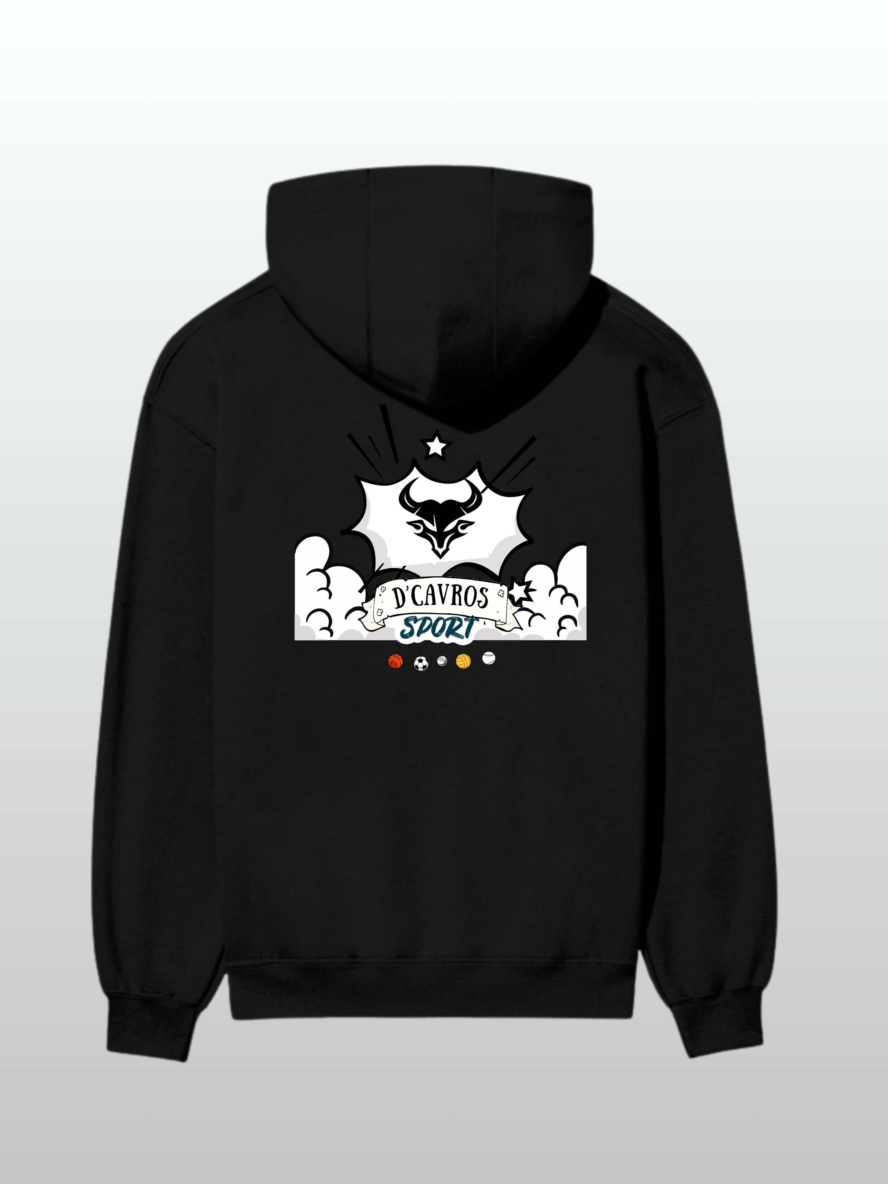 Black hoodie with a white graphic design on the back against a light gray background