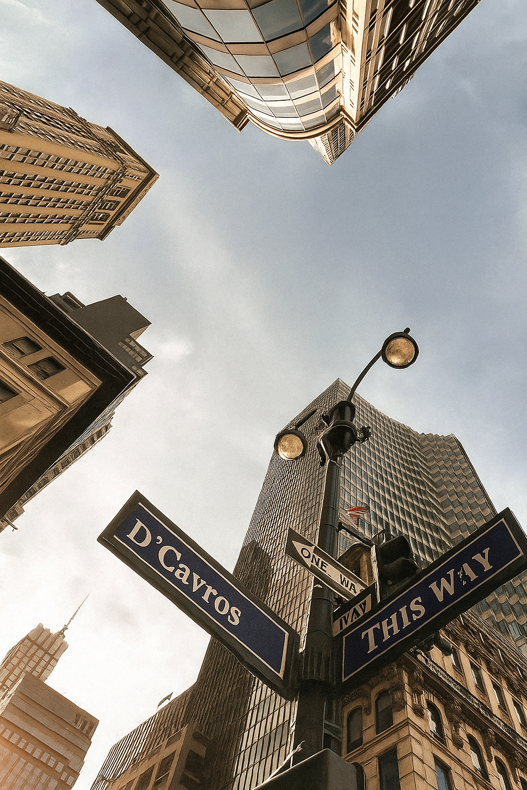 Street sign with 'D'Cavros' and 'This Way' directions in an urban setting with tall buildings.