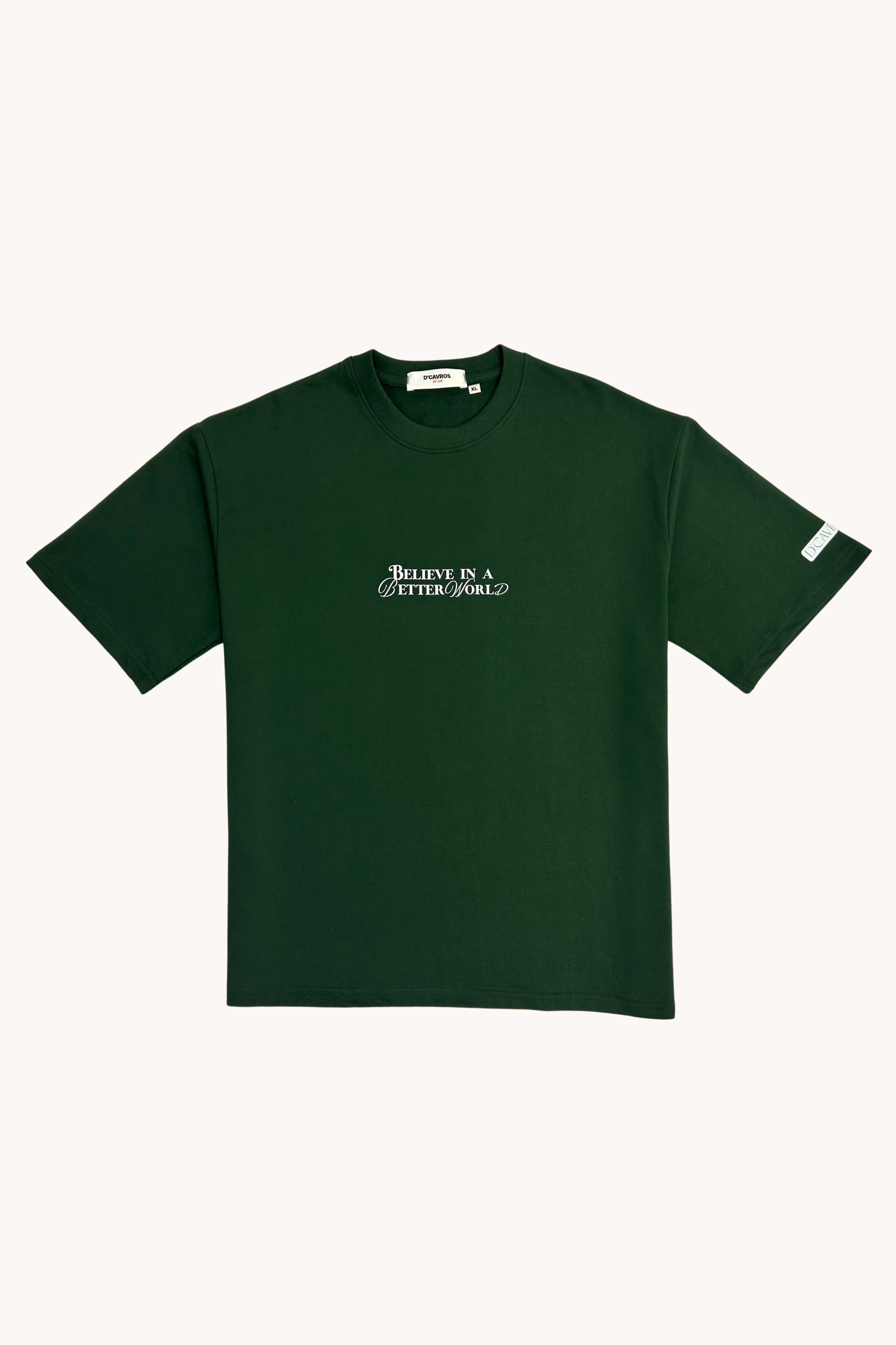 Better World Printed Oversized T-Shirt featuring bold print on a green background for stylish comfort.
