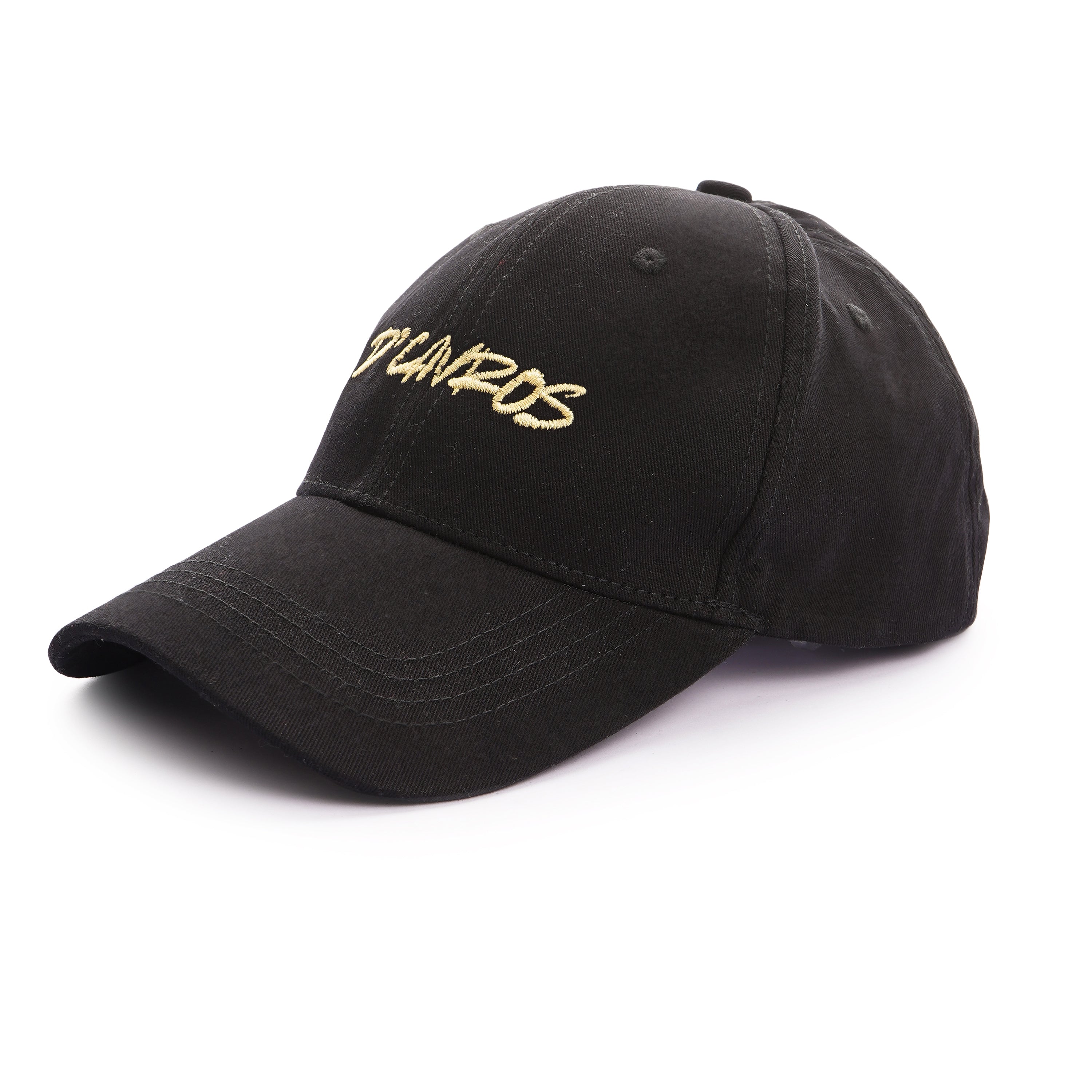 Black D'Cavros cap with premium gold embroidered typography logo on the front. Stylish unisex streetwear accessory from D'Cavros clothing.