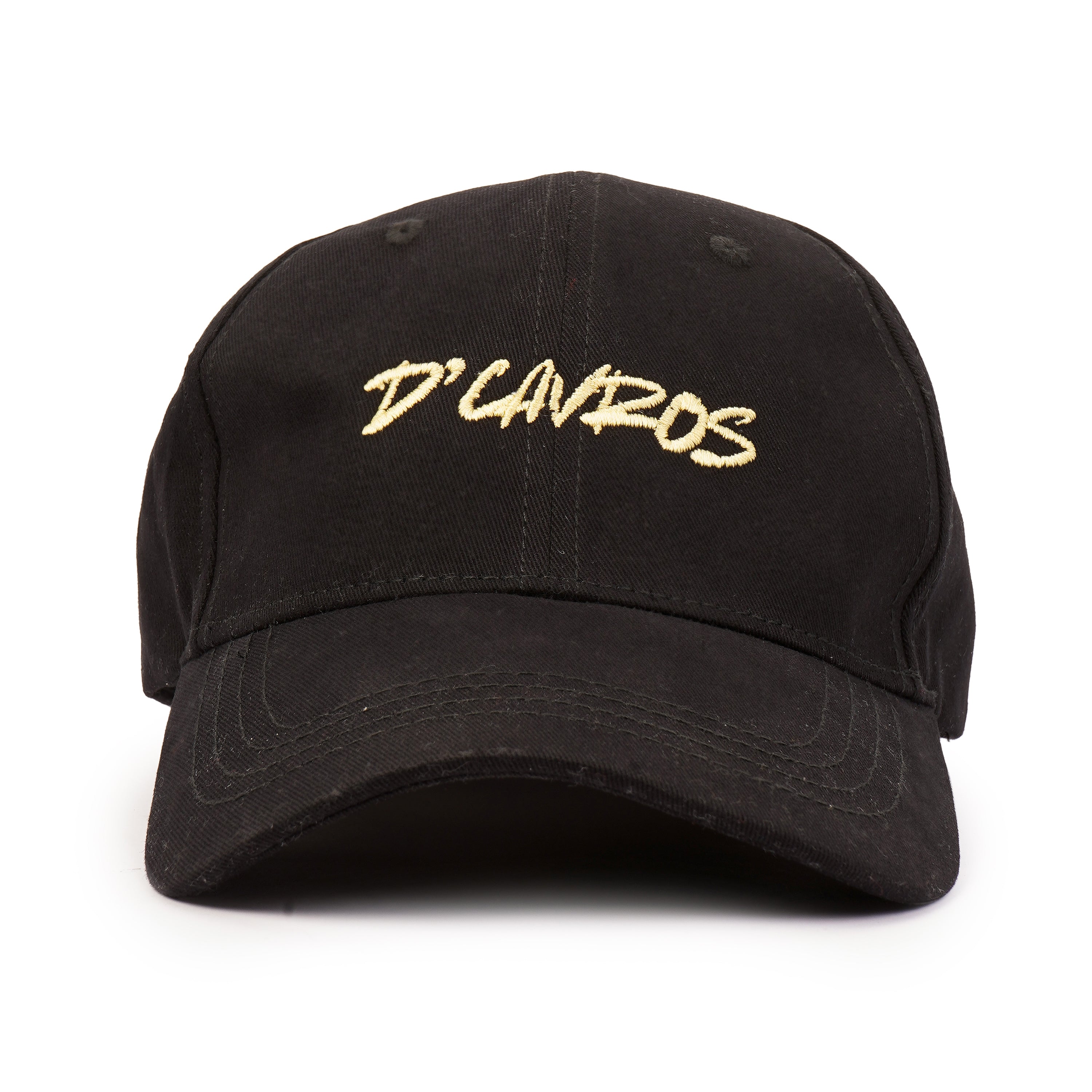 Black D'Cavros cap with premium gold embroidered typography logo on the front. Stylish unisex streetwear accessory from D'Cavros clothing.