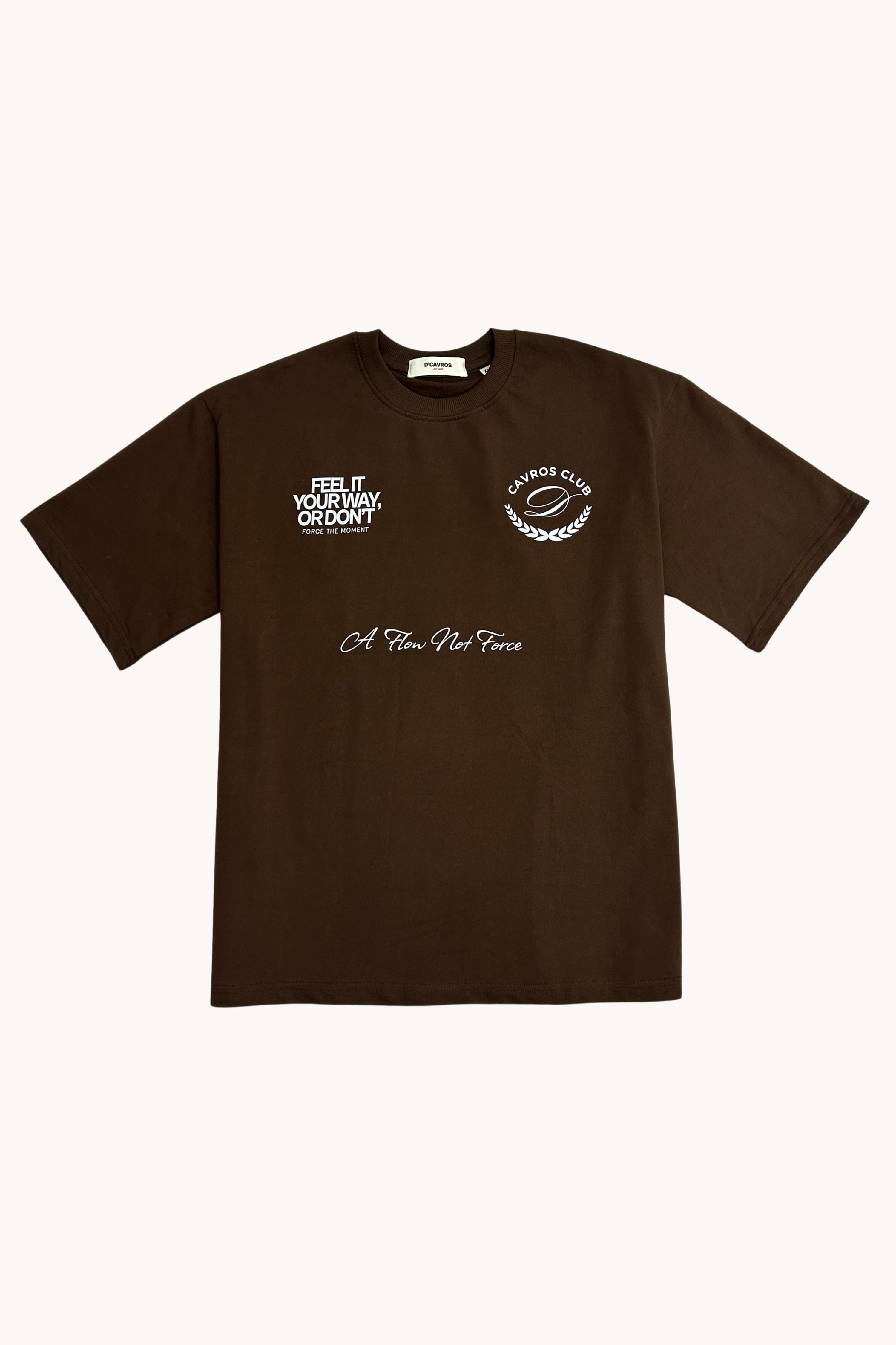 Oversized Fit Club Printed T-Shirt in brown with bold Cavros Club graphics and relaxed fit for everyday style.