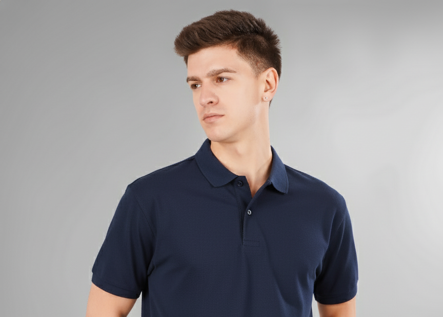 Man wearing a navy polo shirt and beige pants against a gray background