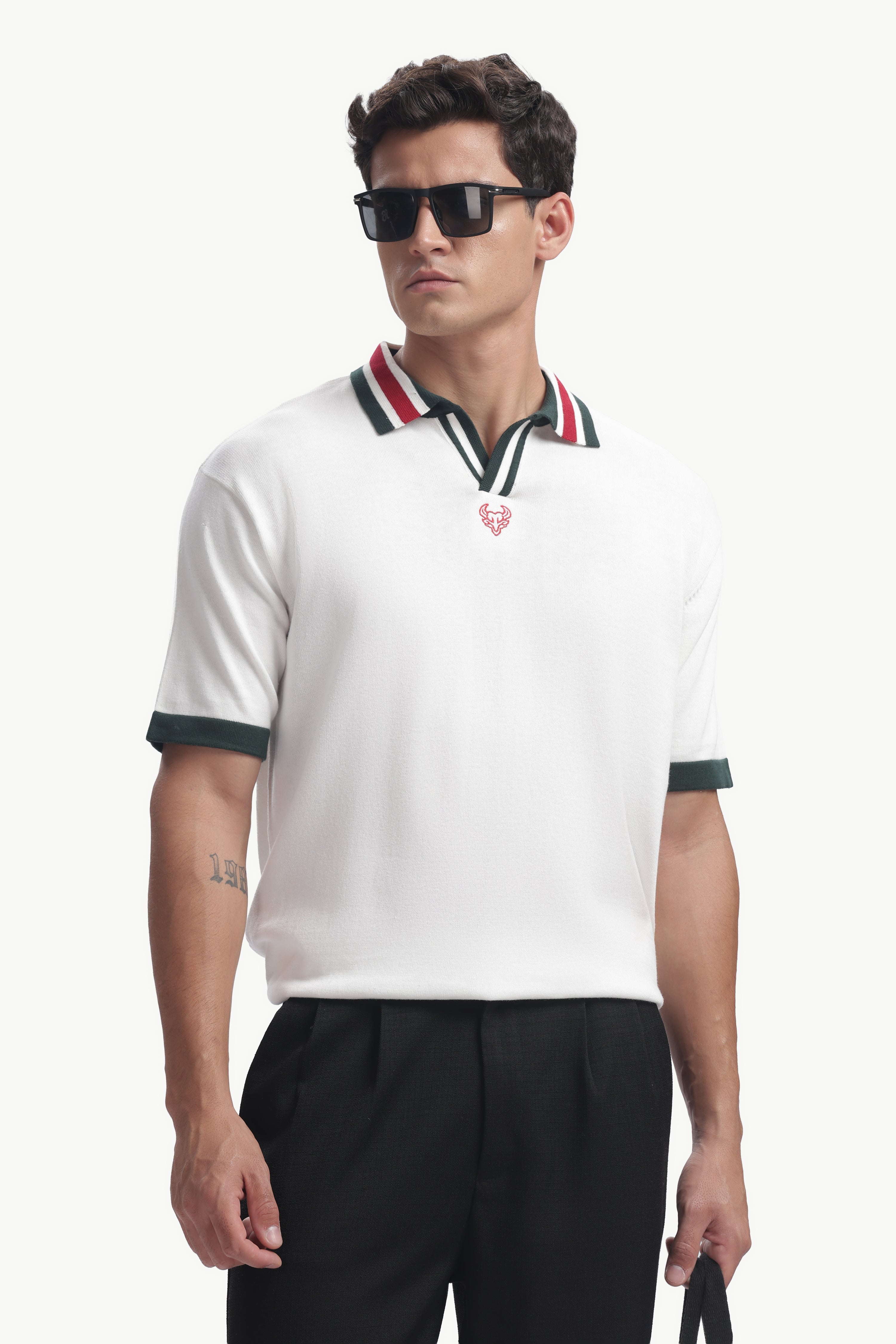 Regular Fit Knitted Polo Shirt in white with contrast collar and embroidered detail, perfect for smart casual wear.