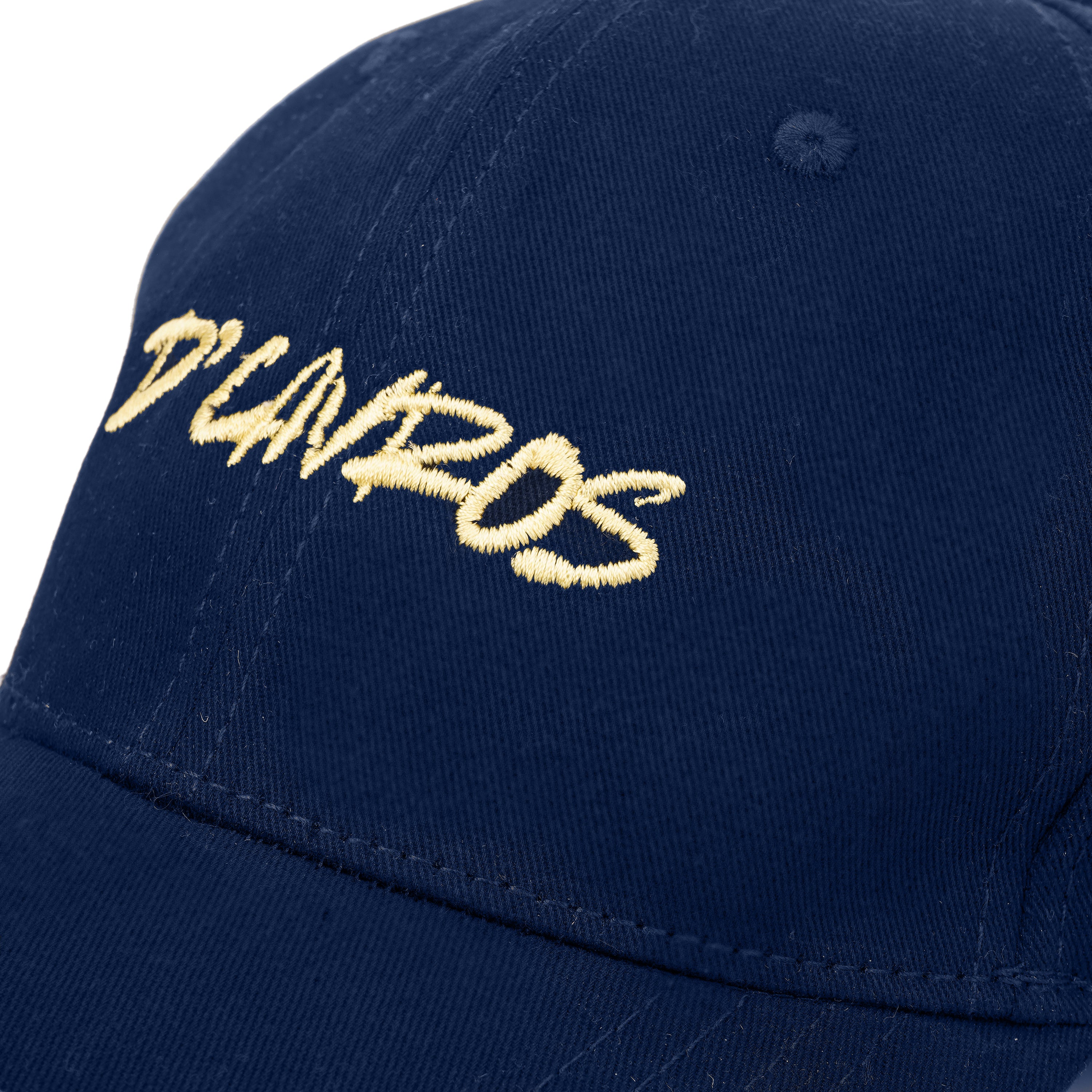 Navy blue D'Cavros cap with premium gold embroidered typography logo on the front. Stylish unisex streetwear accessory from D'Cavros clothing.
