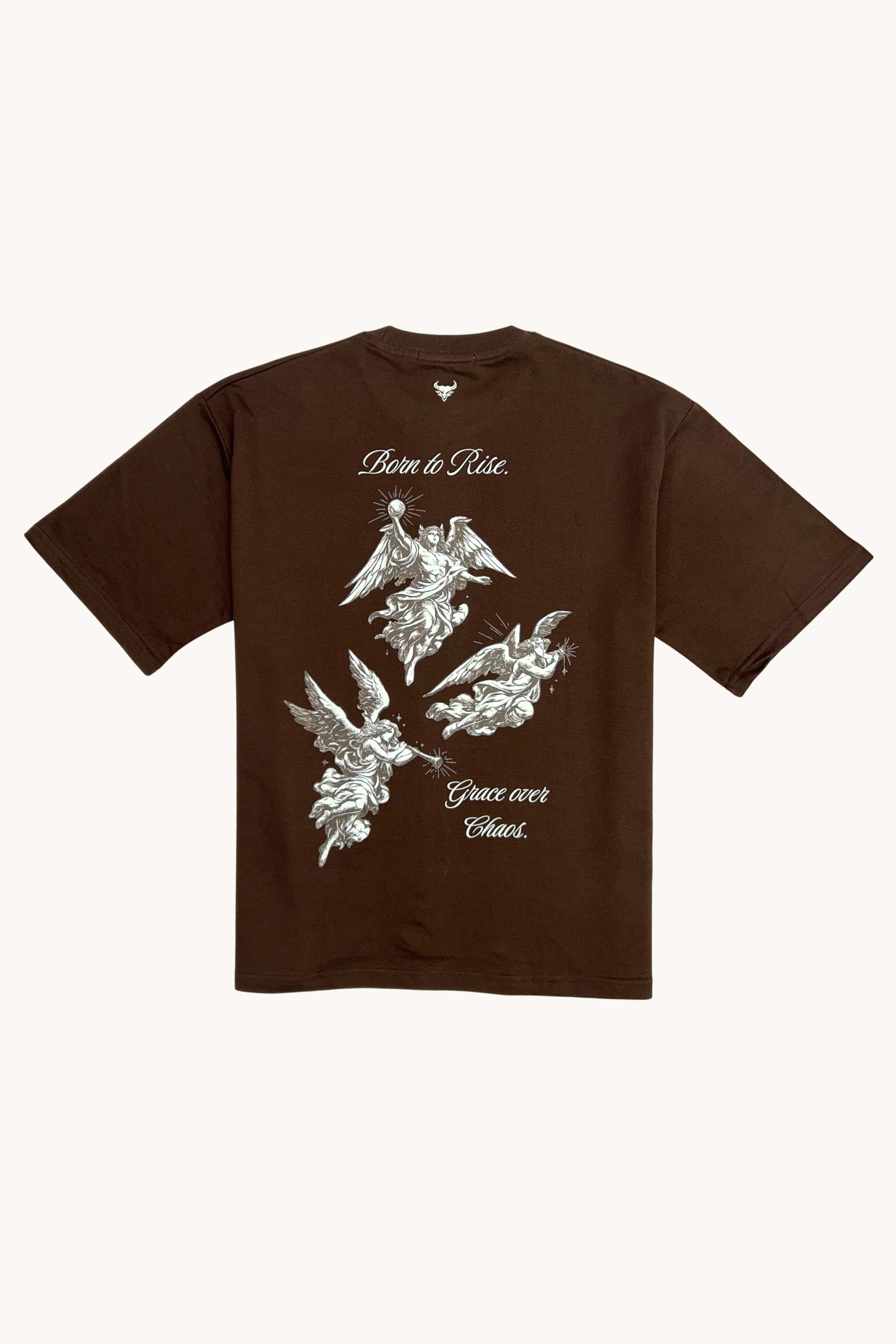 Oversized Fit Graphics Printed T-Shirt featuring bold angel artwork on a brown background.