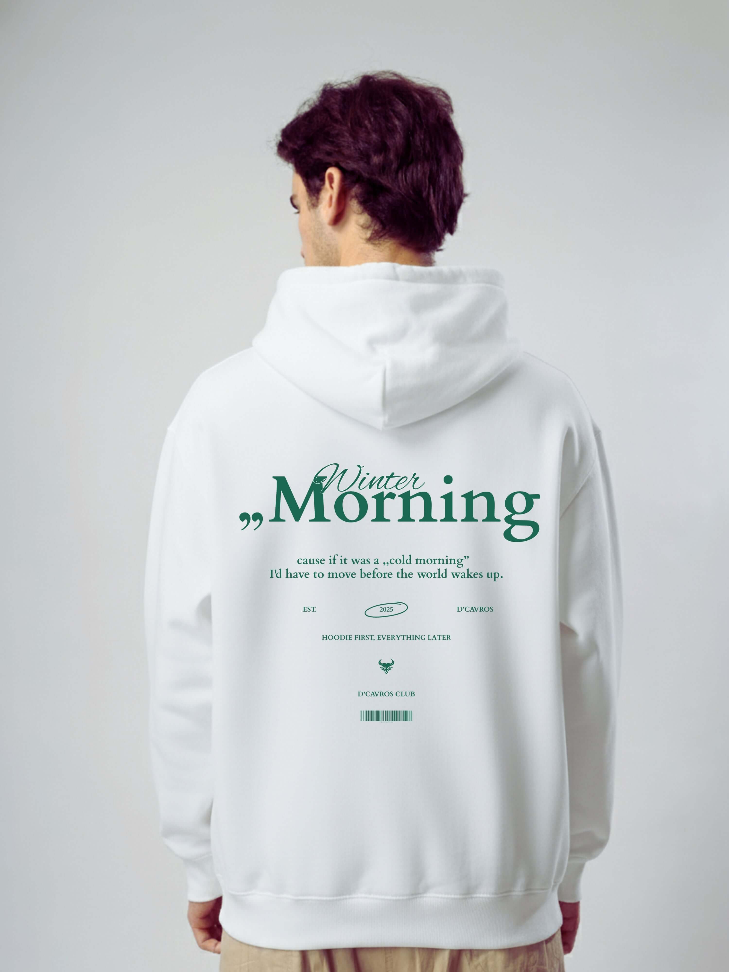 Man wearing a Winter Morning Unisex Zip Hoodie, featuring a calming design and soft fabric for comfort.