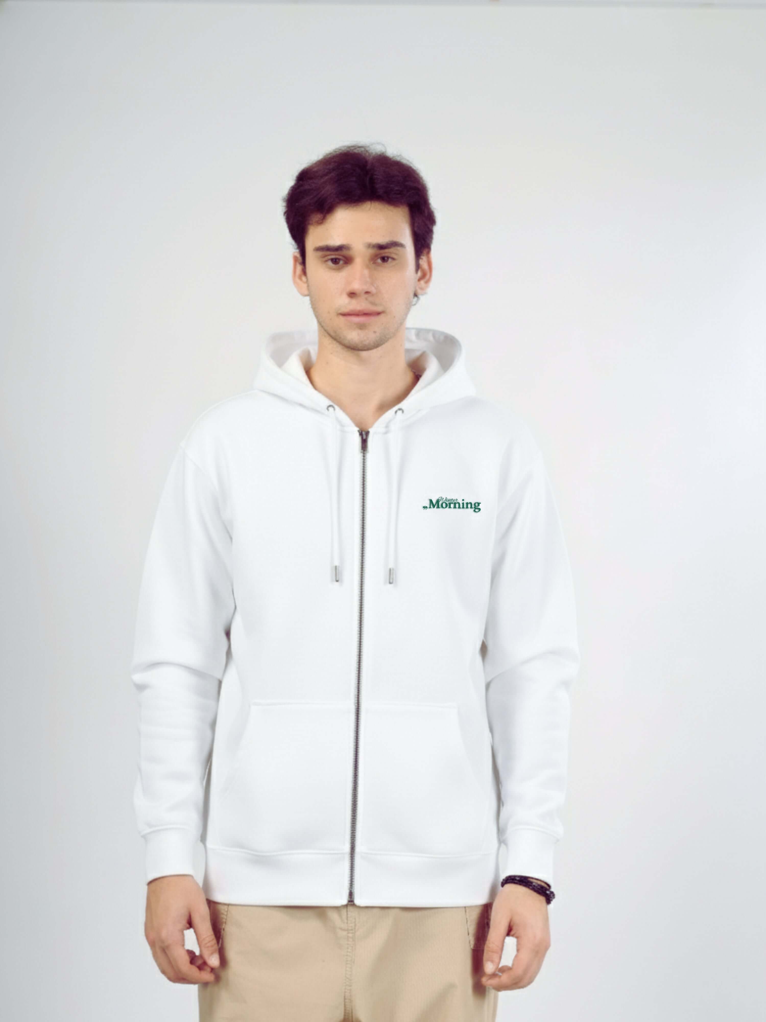 Winter Morning Unisex Zip Hoodie in white worn by a model with a calm expression.