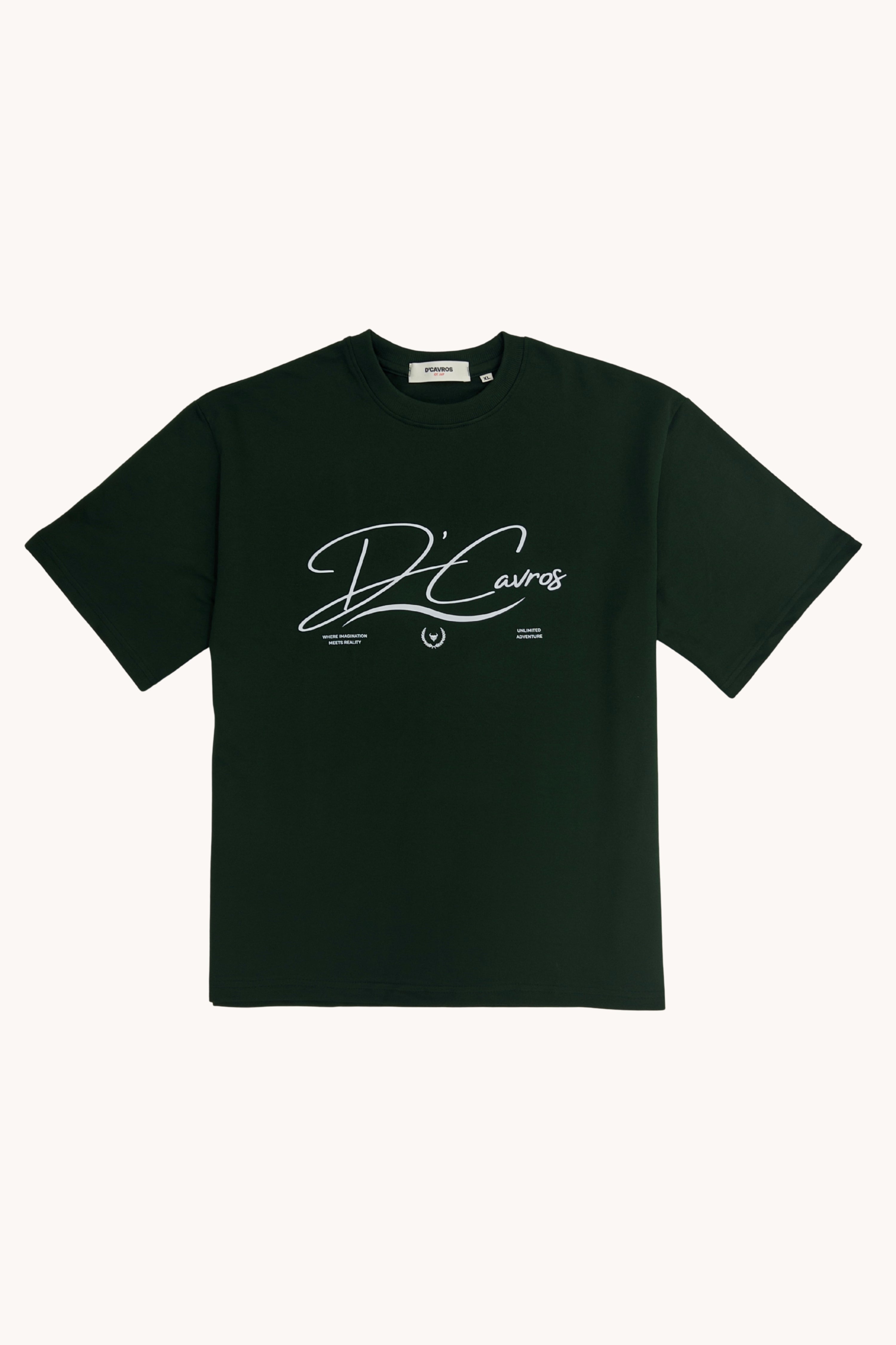 Community Capsule Graphics Tee in dark green with bold typography design for casual everyday wear.