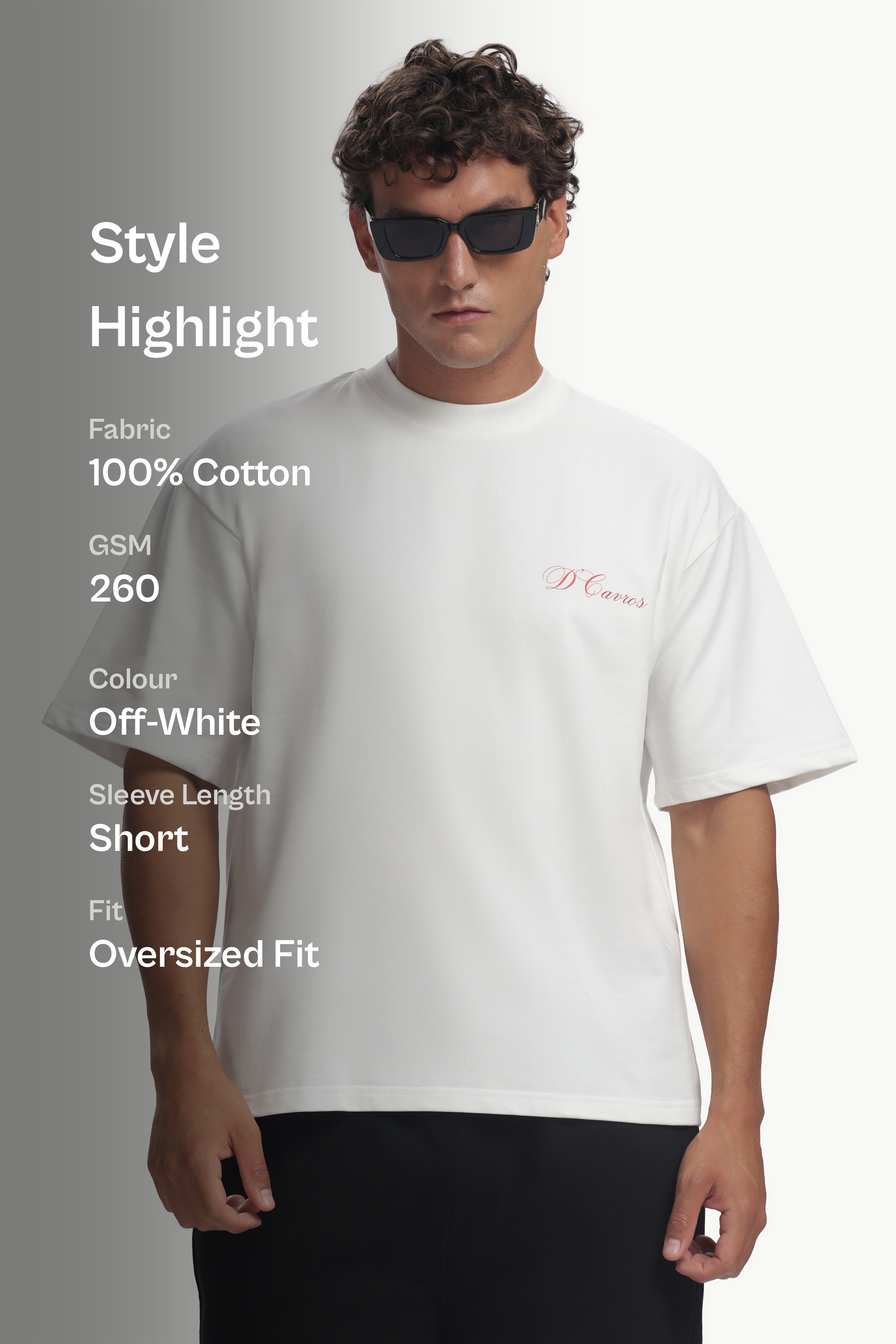 Skyline Chaser Oversized Fit T-Shirt model wearing off-white oversized t-shirt with sunglasses and minimal design.