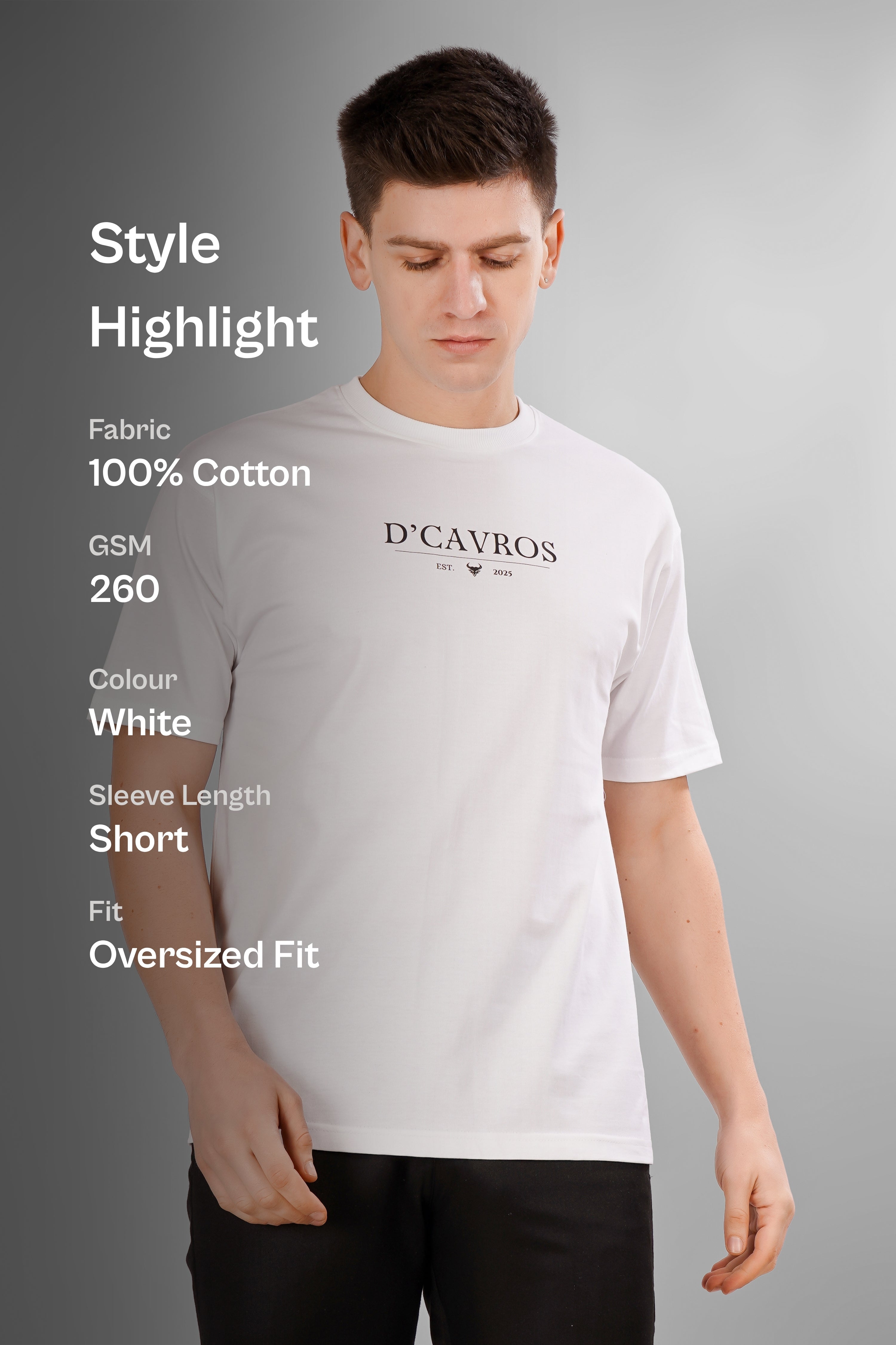 Solid Logo Oversized T-Shirt displayed on a model, showcasing the white color and minimalist D'CAVROS logo.