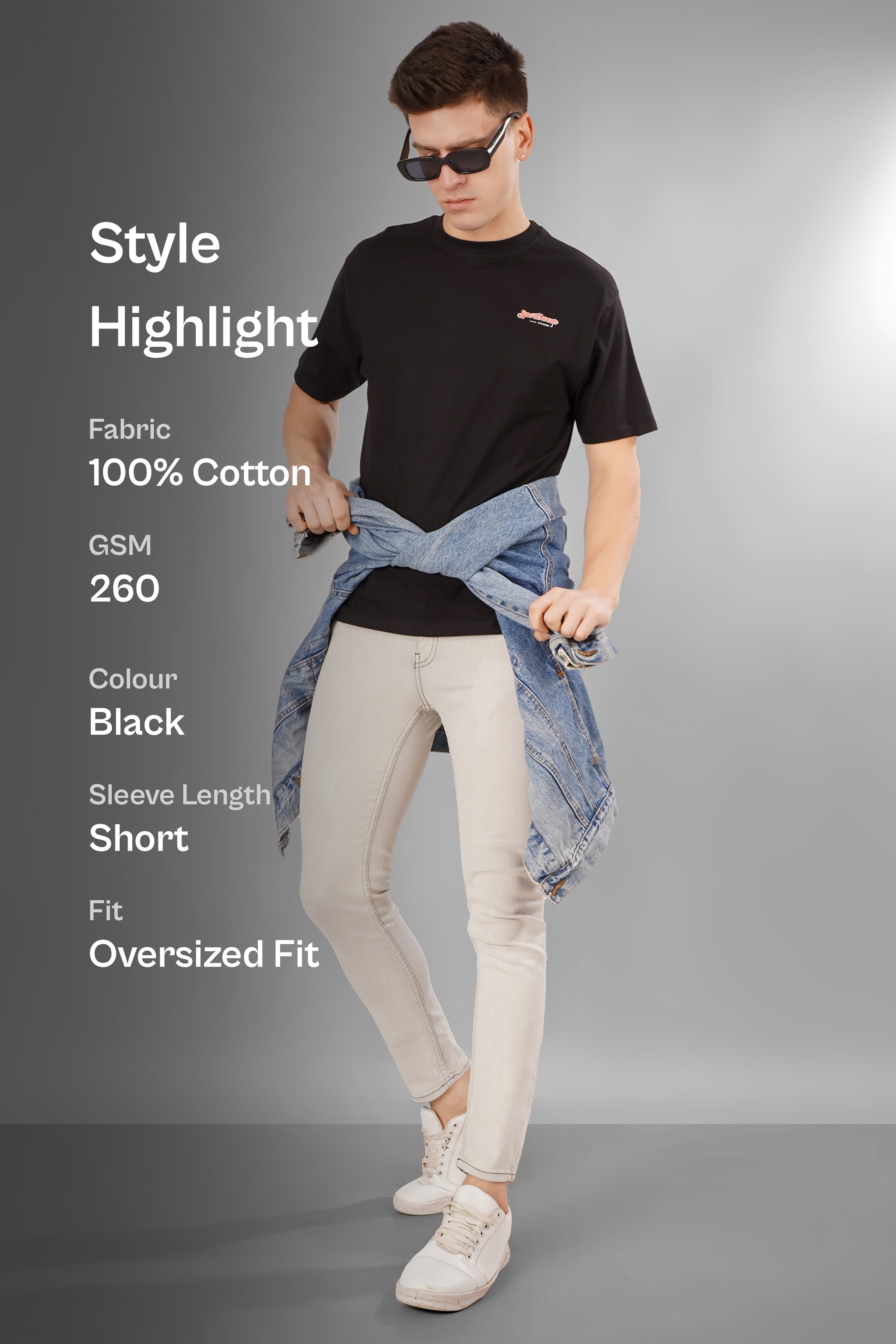 Young man wearing Sports Car Oversized T-Shirt in black with denim jacket, showcasing casual and stylish outfit.