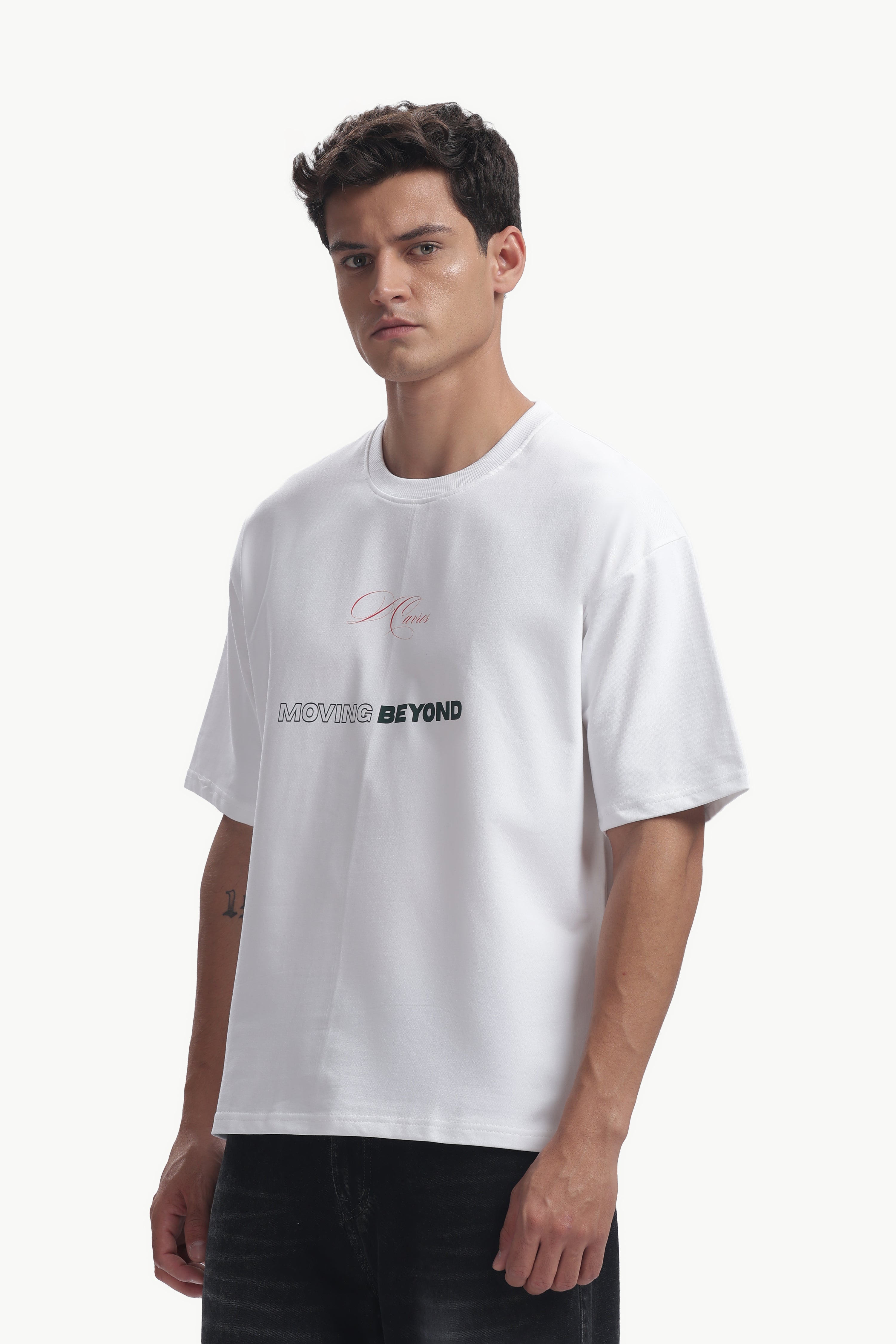 Loose Fit Solid Printed T-Shirt displayed on a model featuring bold typography and a relaxed fit.