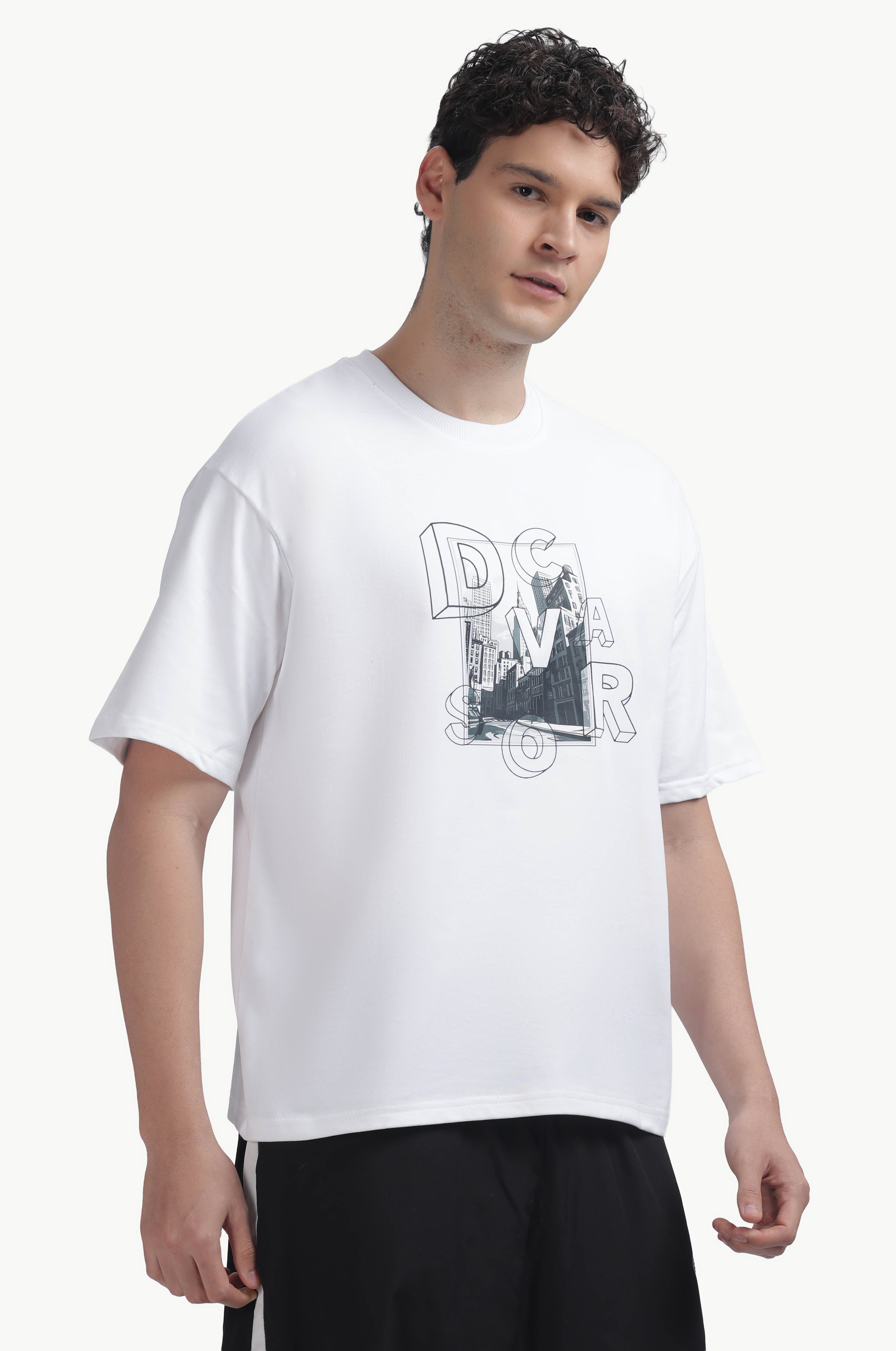Loose Fit Graphics Printed T-Shirt featuring bold DCAVROS city artwork on a relaxed fit design.