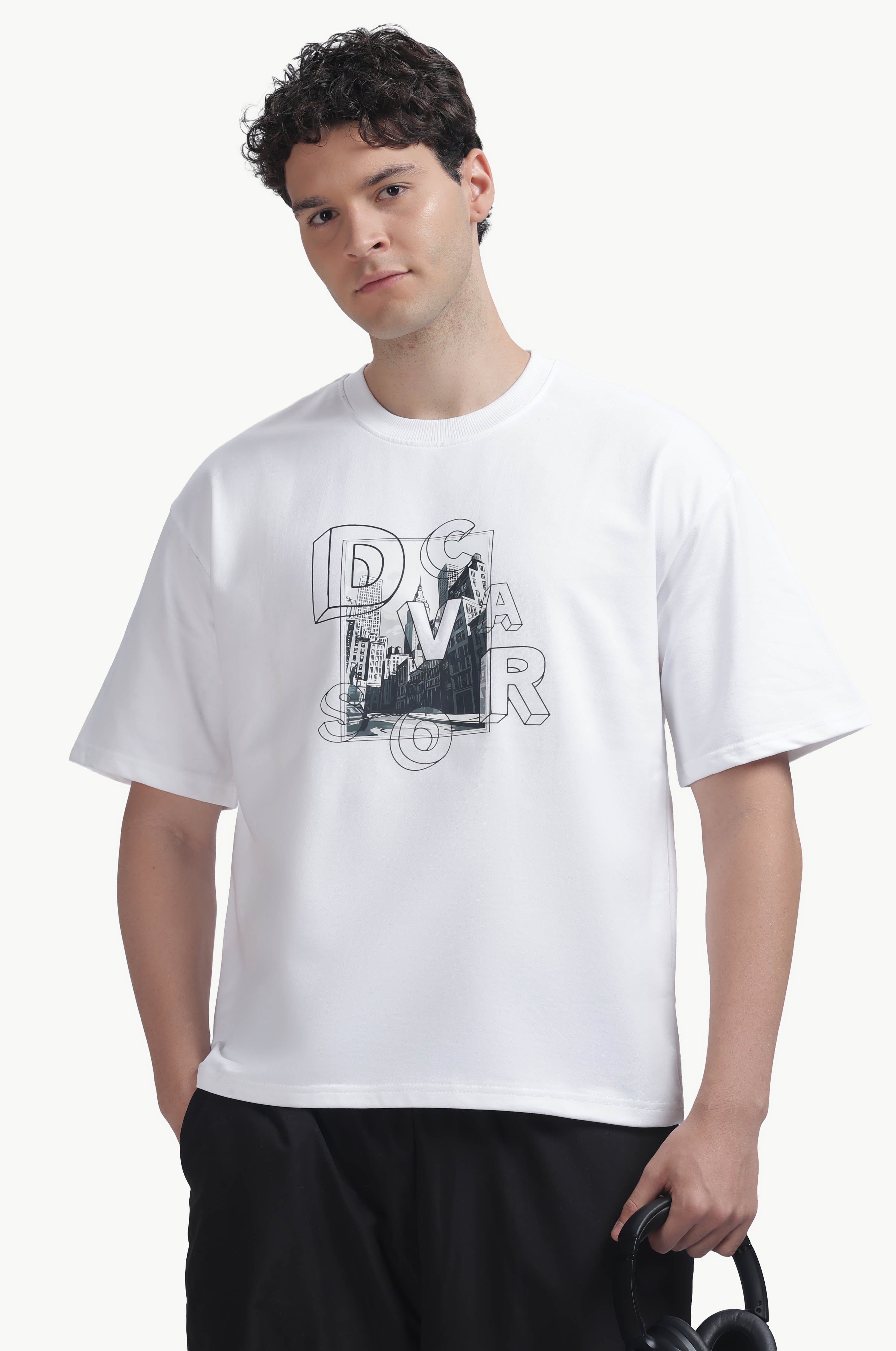 Loose Fit Graphics Printed T-Shirt featuring bold DCAVROS city artwork on a relaxed fit white tee.