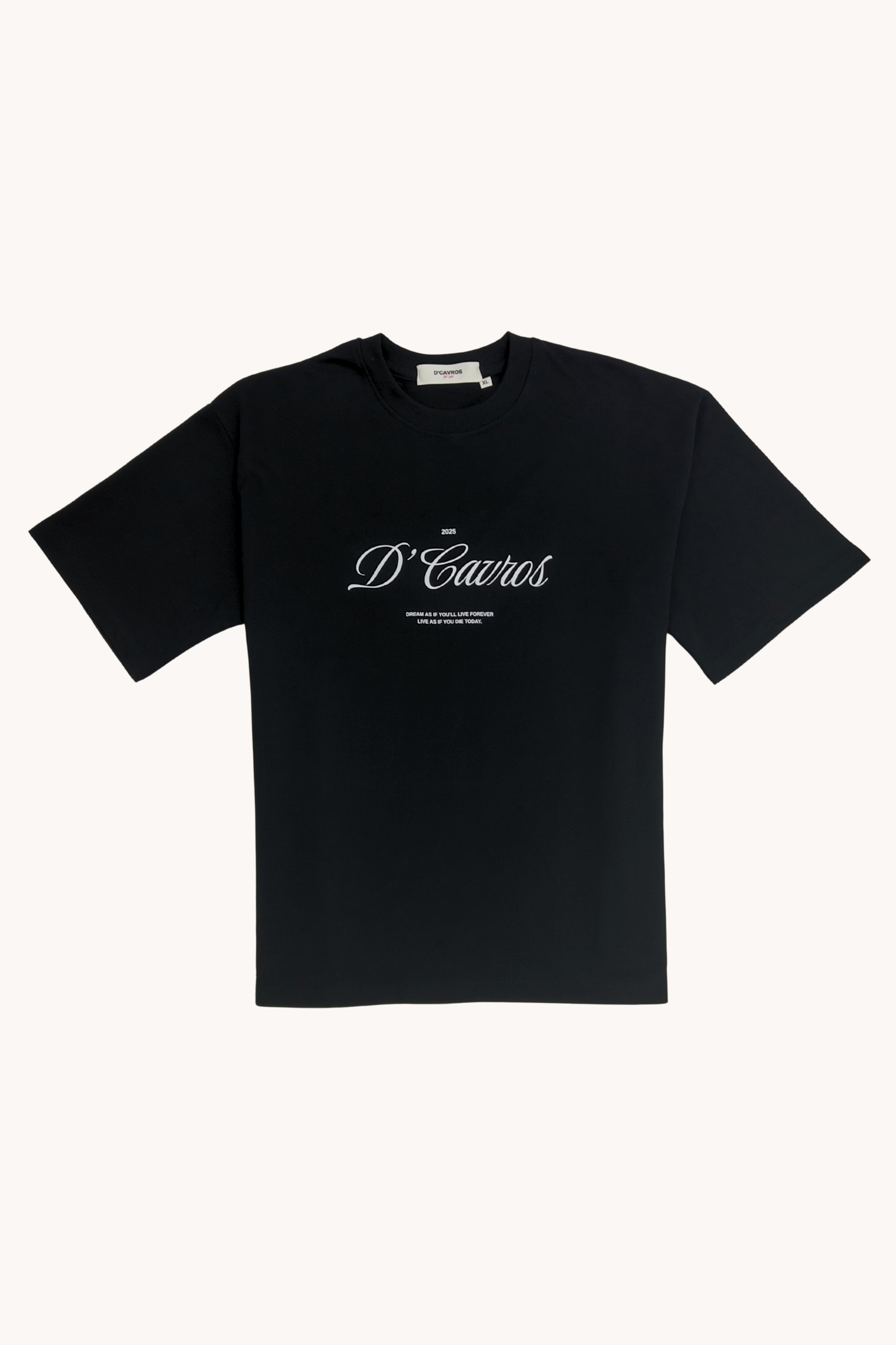 Classic Loose Fit Typography T-Shirt in black with bold D’Cavros script style design.