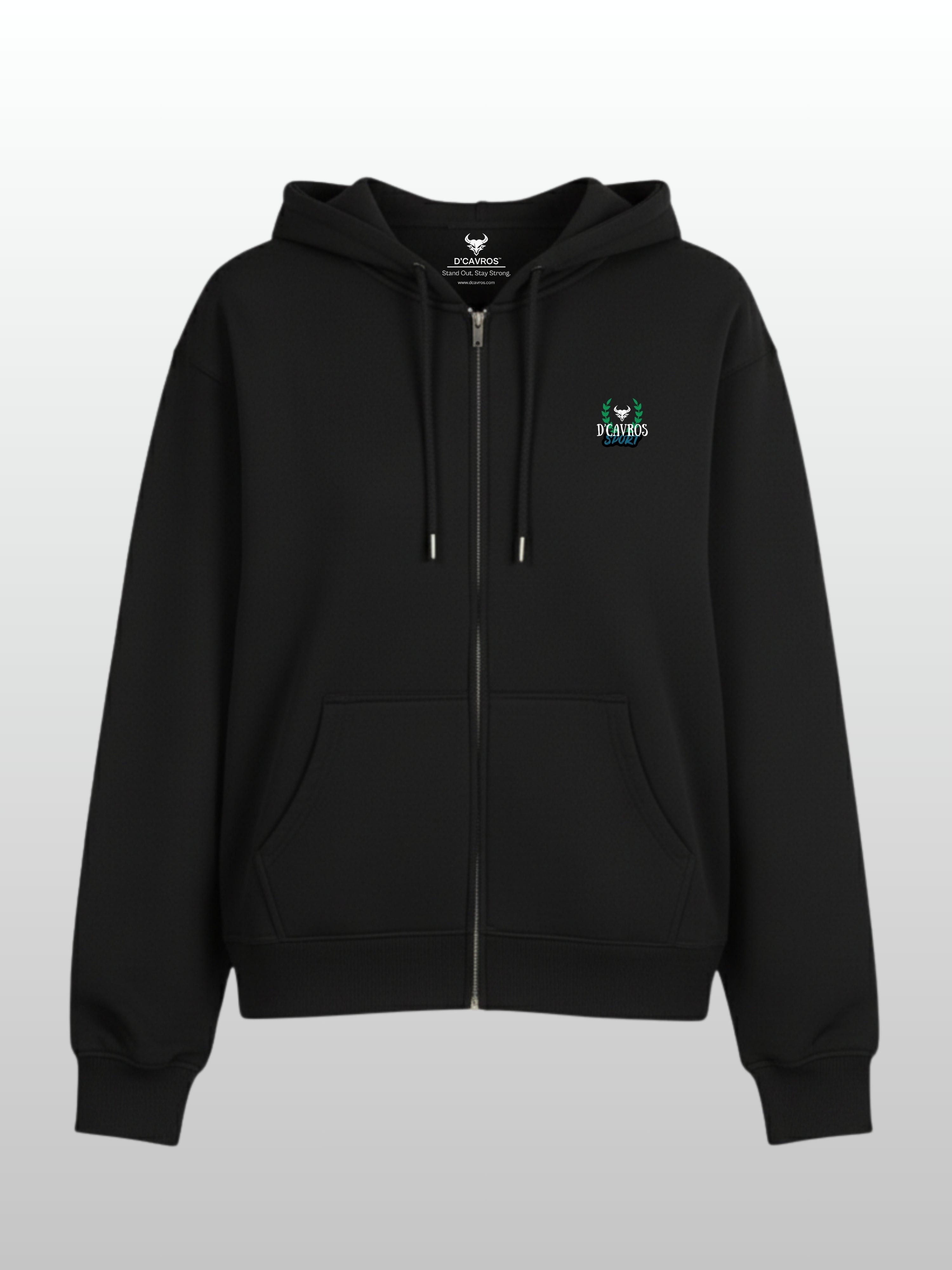 Black hoodie with a logo on the chest against a light gray background