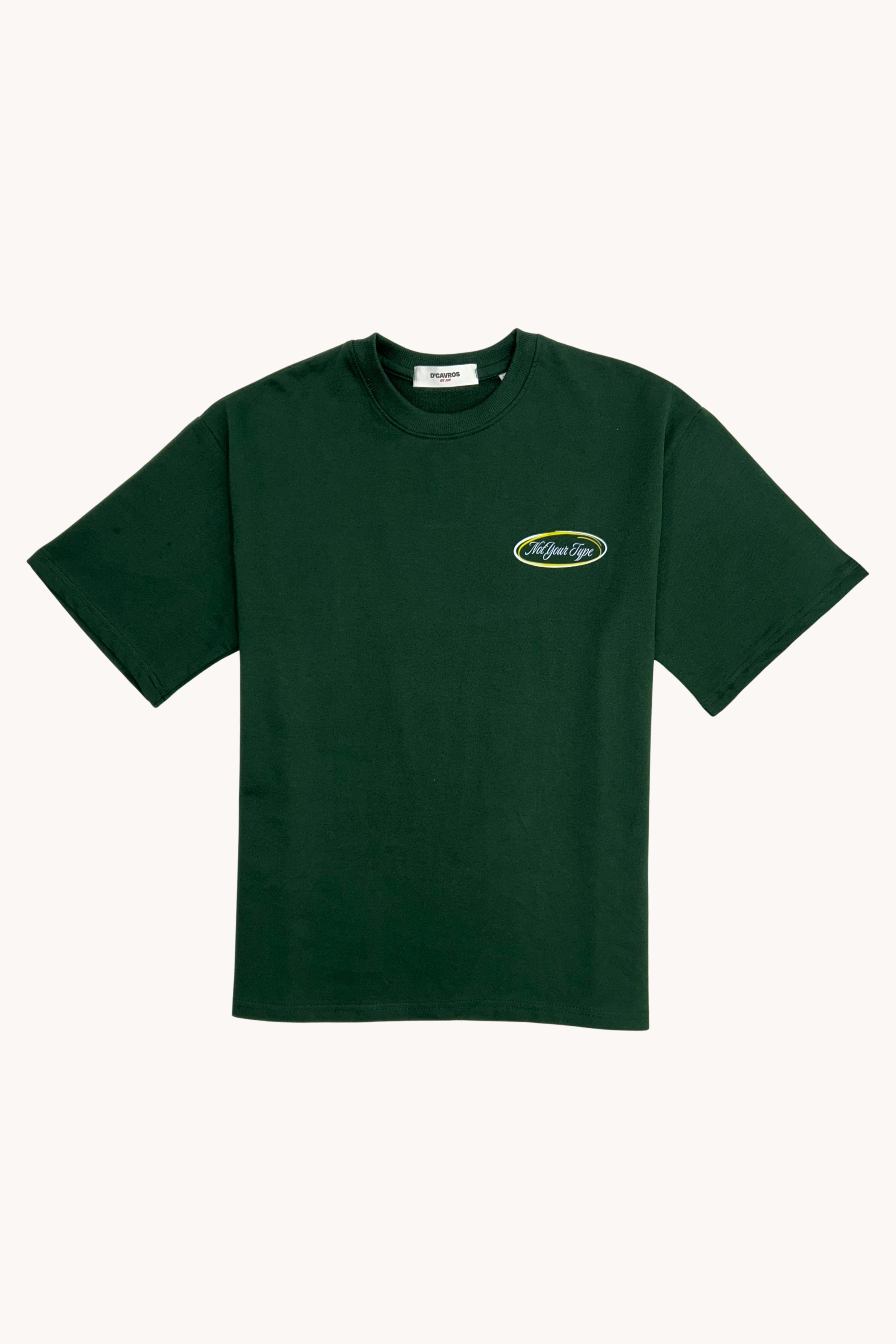 Not Your Type Oversized Fit Tee in dark green with a relaxed silhouette and logo graphic.