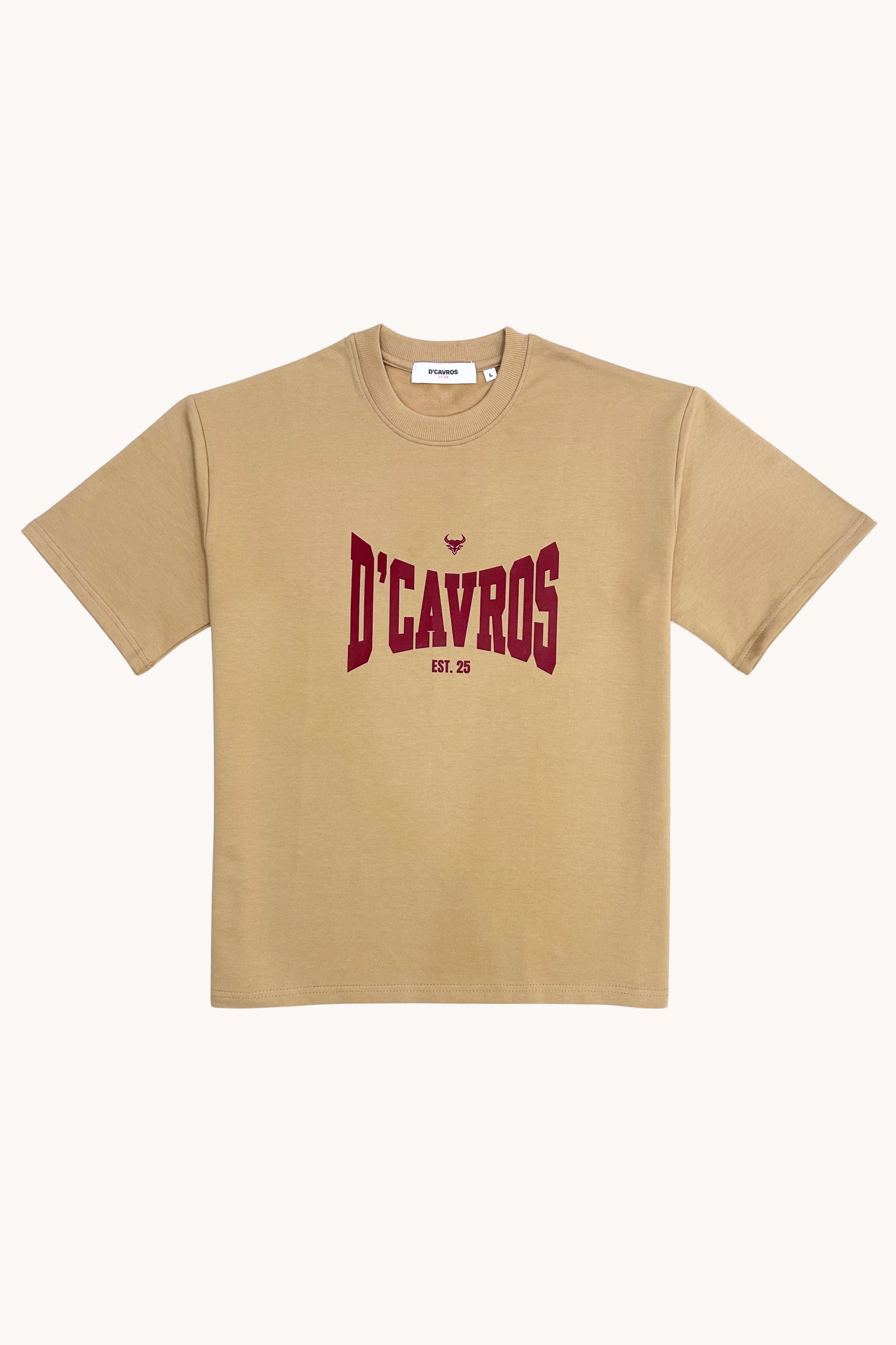 Classic Typography Oversized Fit T-Shirt in tan with bold D'Cavros graphic design.