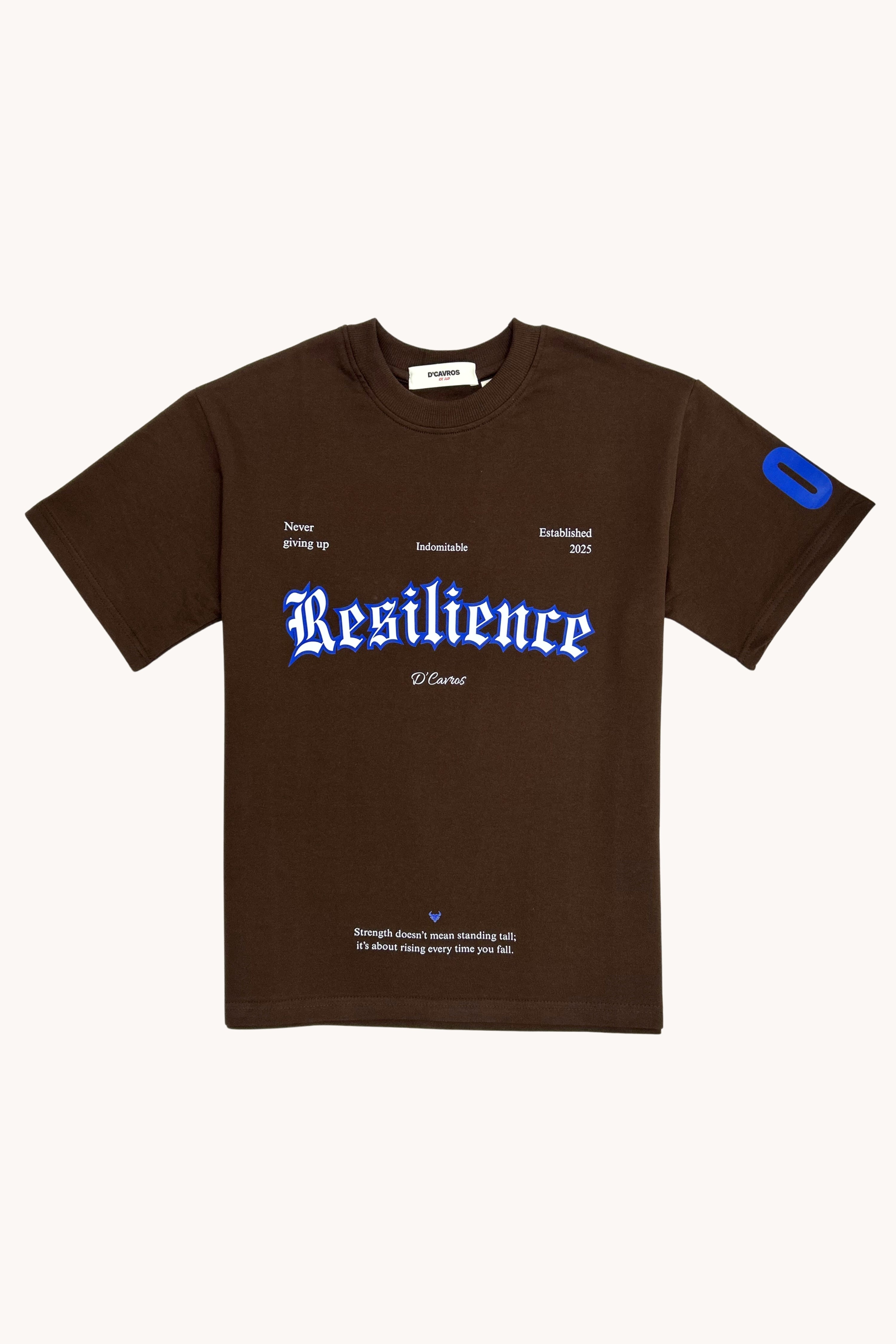 Loose Fit Resilience Printed T-Shirt featuring bold typography and relaxed silhouette on a brown background.