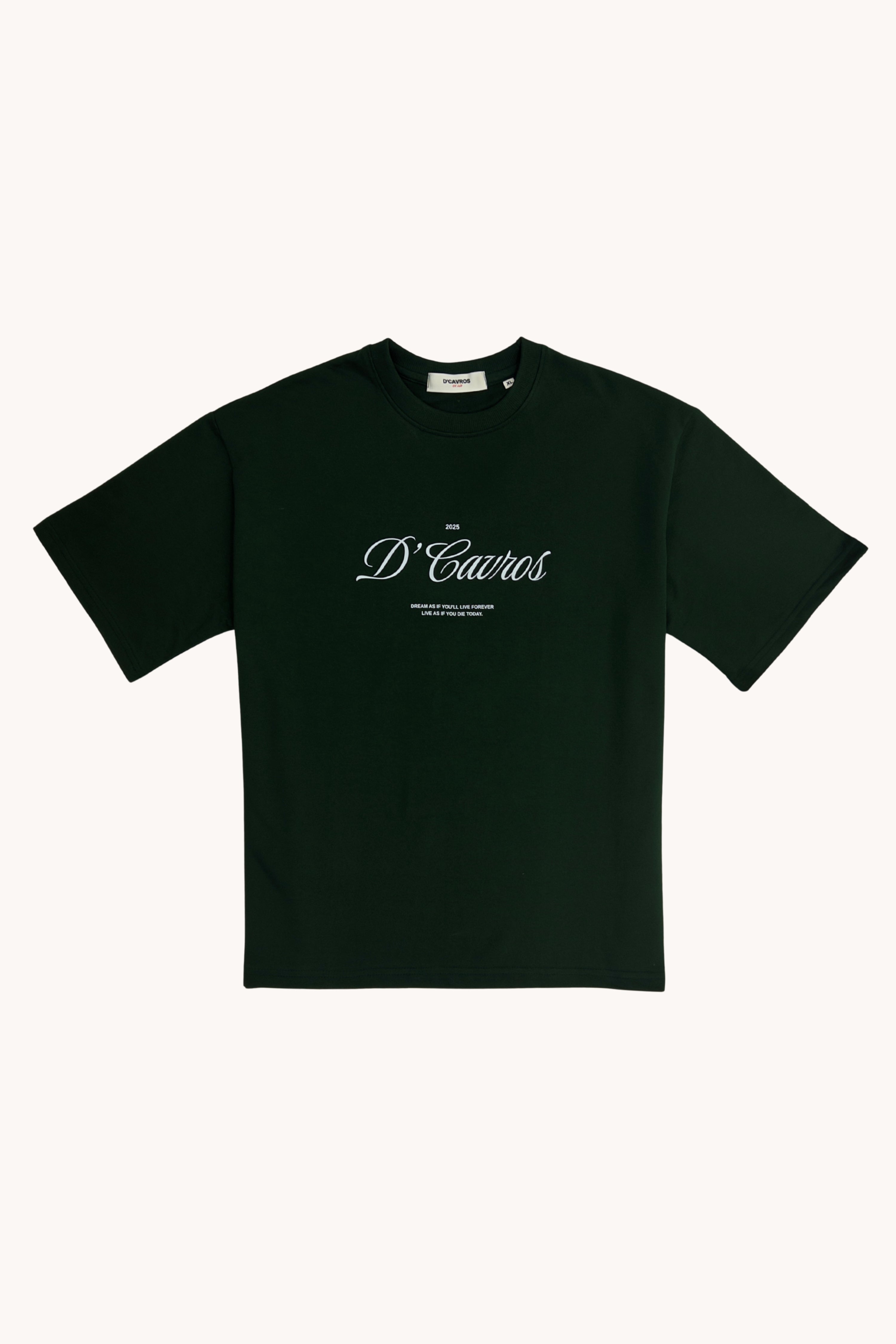 Classic Loose Fit Typography T-Shirt featuring bold D’Cavros script on a dark green background.