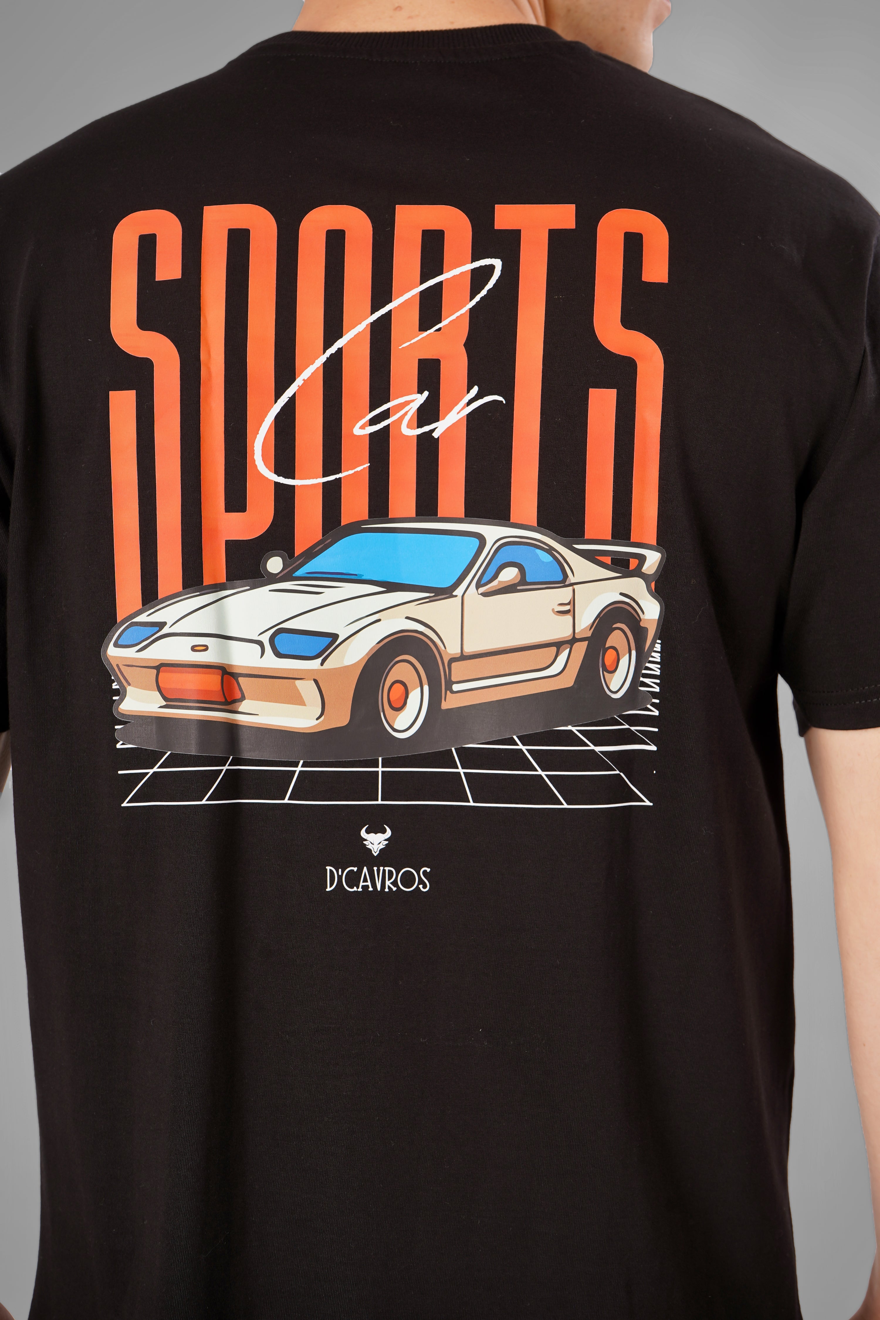 Back view of Sports Car Oversized T-Shirt featuring bold sports car artwork on a black background.