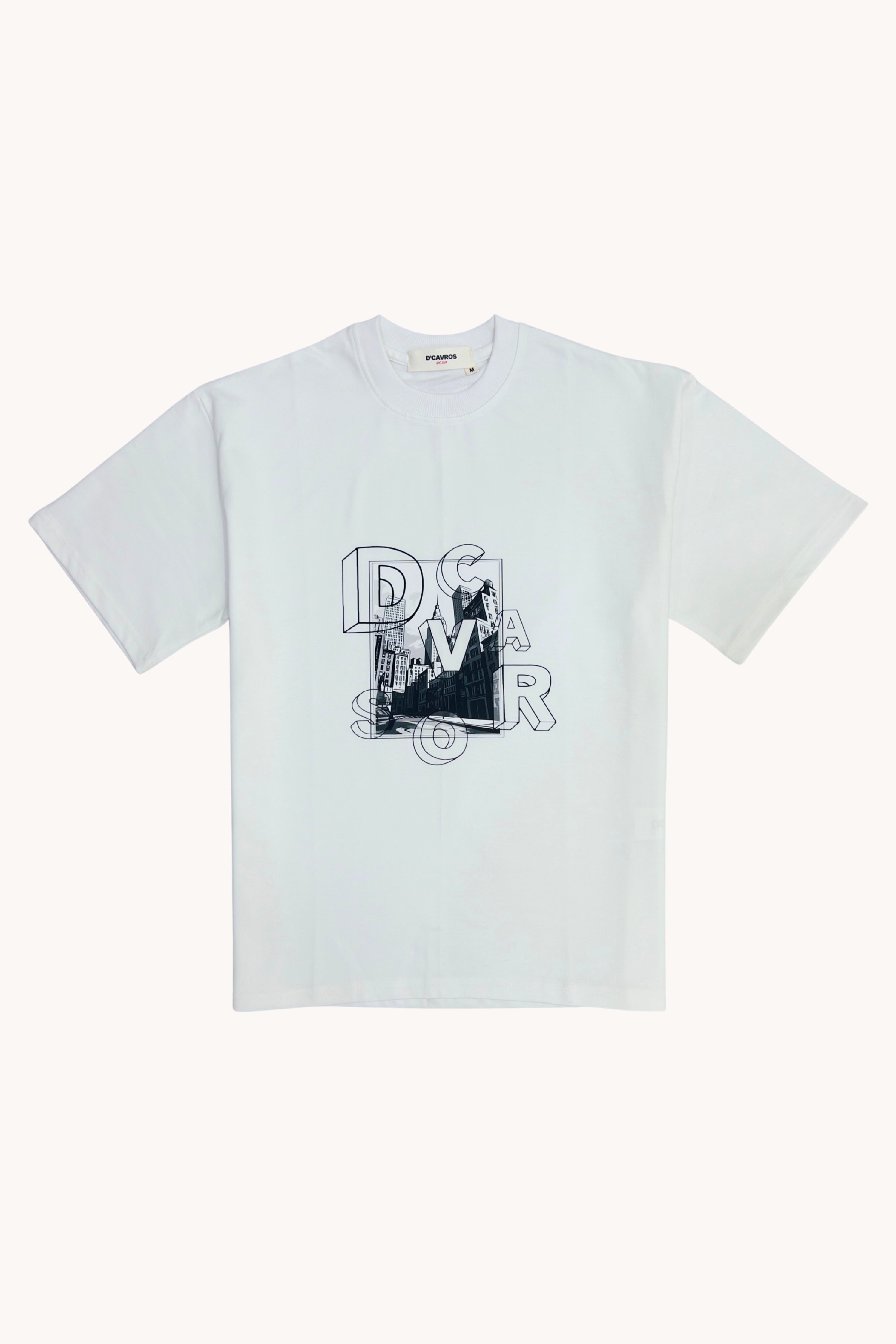 Loose Fit Graphics Printed T-Shirt featuring bold DCAVROS city artwork on a white background.
